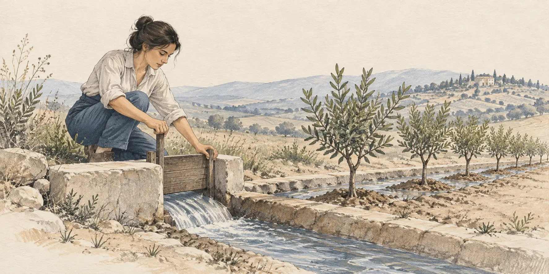 Mujer ajusta una compuerta de madera para distribuir agua por un canal hacia plantas de olivo.