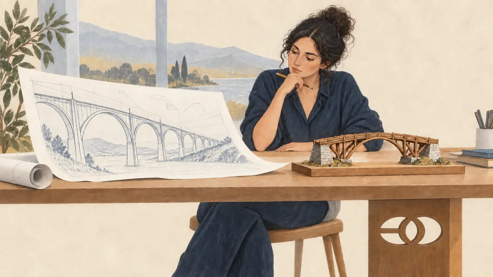 Una mujer compara el dibujo de un gran puente con una maqueta, metáfora de ajustar las promesas a una entrega realizable.