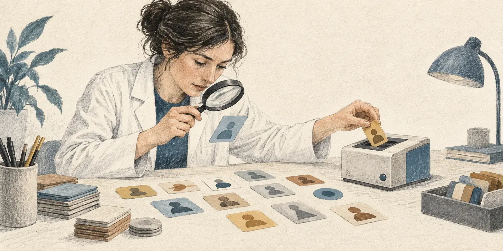 Una investigadora examina fichas con una lupa antes de su análisis, metáfora de la revisión ética de datos médicos.