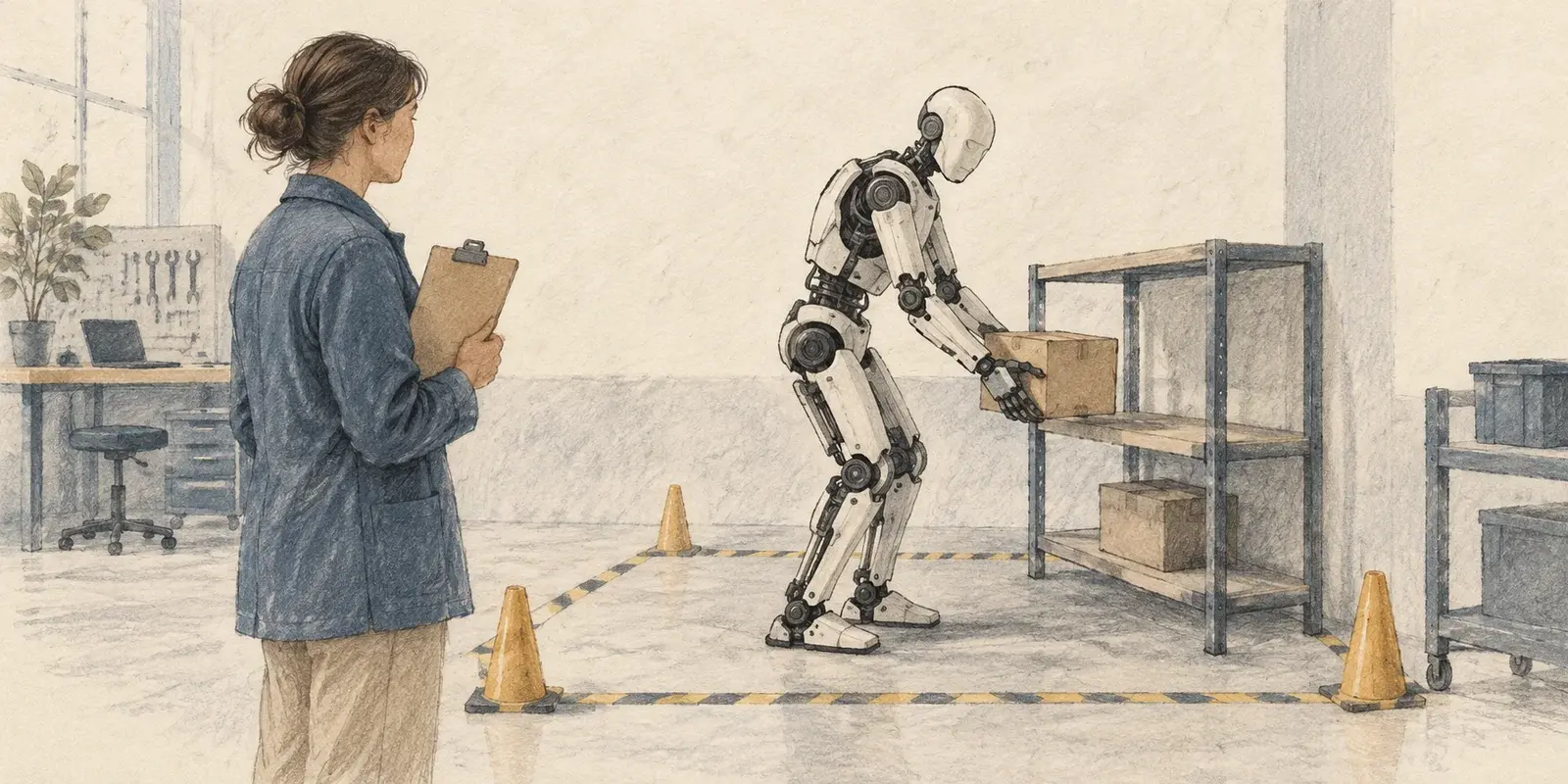 Una ingeniera observa a un robot humanoide colocando una caja en una zona de prueba industrial.