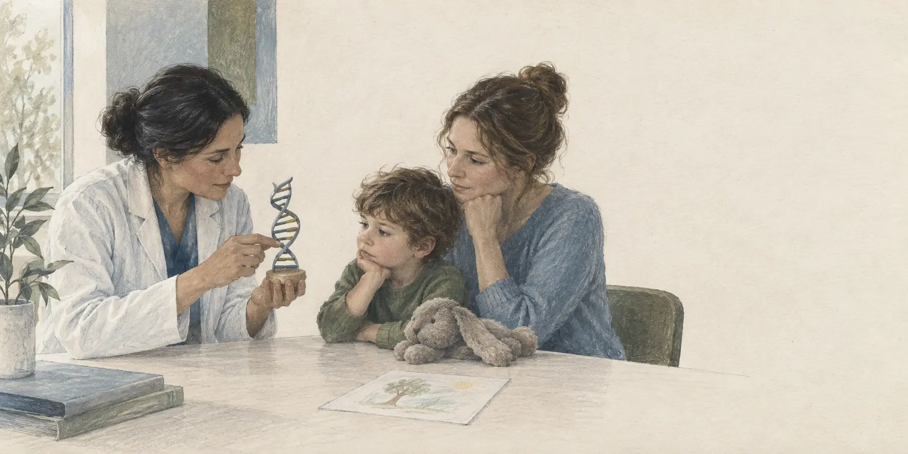 Una médica explica un modelo de ADN a una madre y su hijo durante una consulta sobre terapia génica.