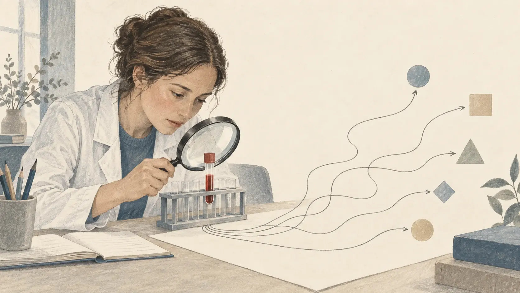 Una investigadora examina una muestra de sangre junto a caminos que se bifurcan, metáfora de las preguntas que abre una señal médica.