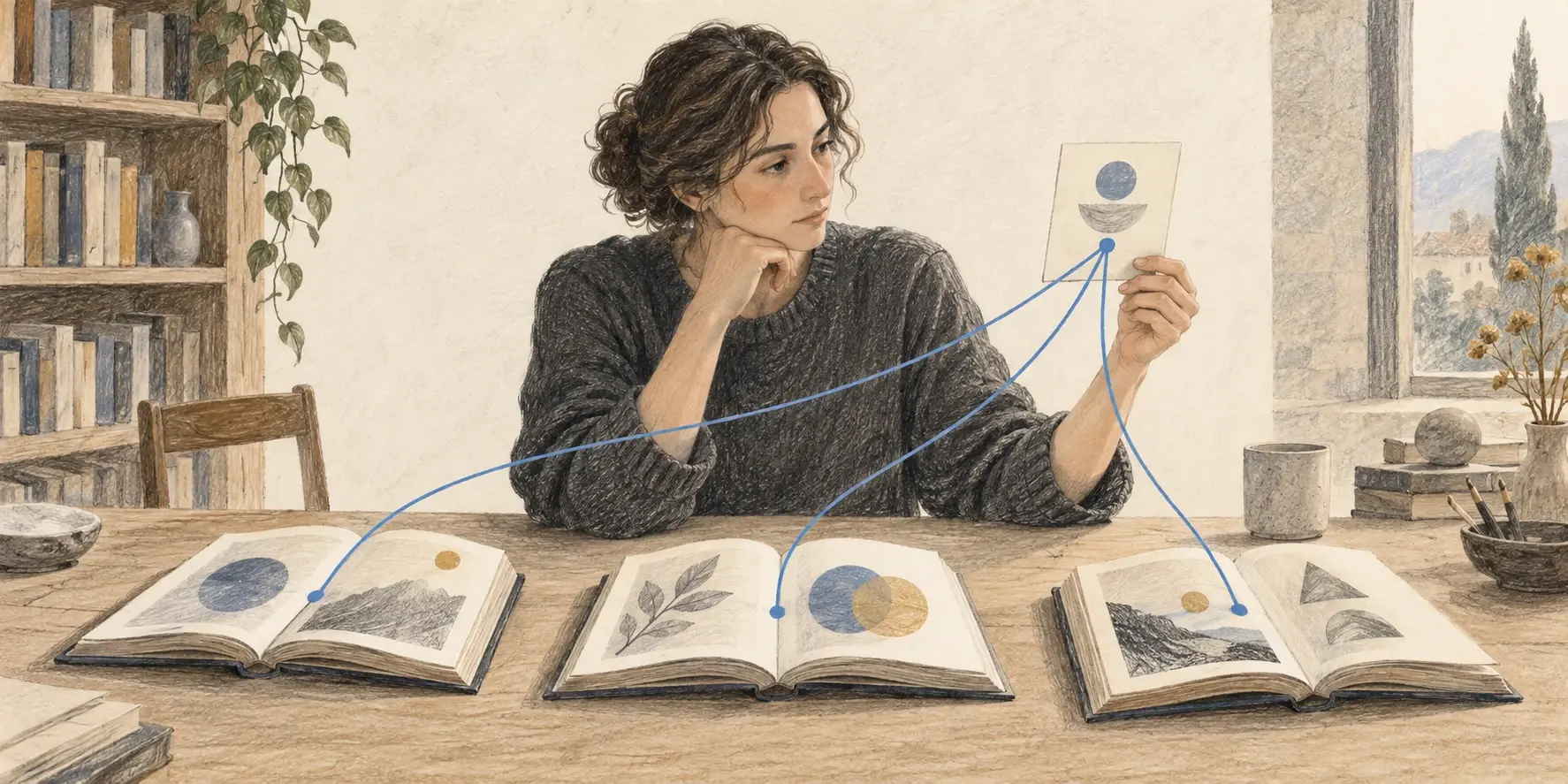 Una investigadora conecta tres libros con una tarjeta mediante hilos azules, como metáfora de una respuesta respaldada por fuentes.