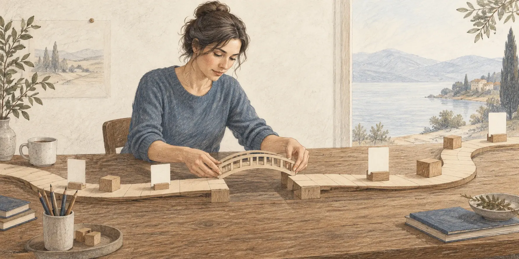 Ilustración de una mujer uniendo con un puente un camino de madera sobre una mesa, metáfora del avance de oportunidades comerciales.