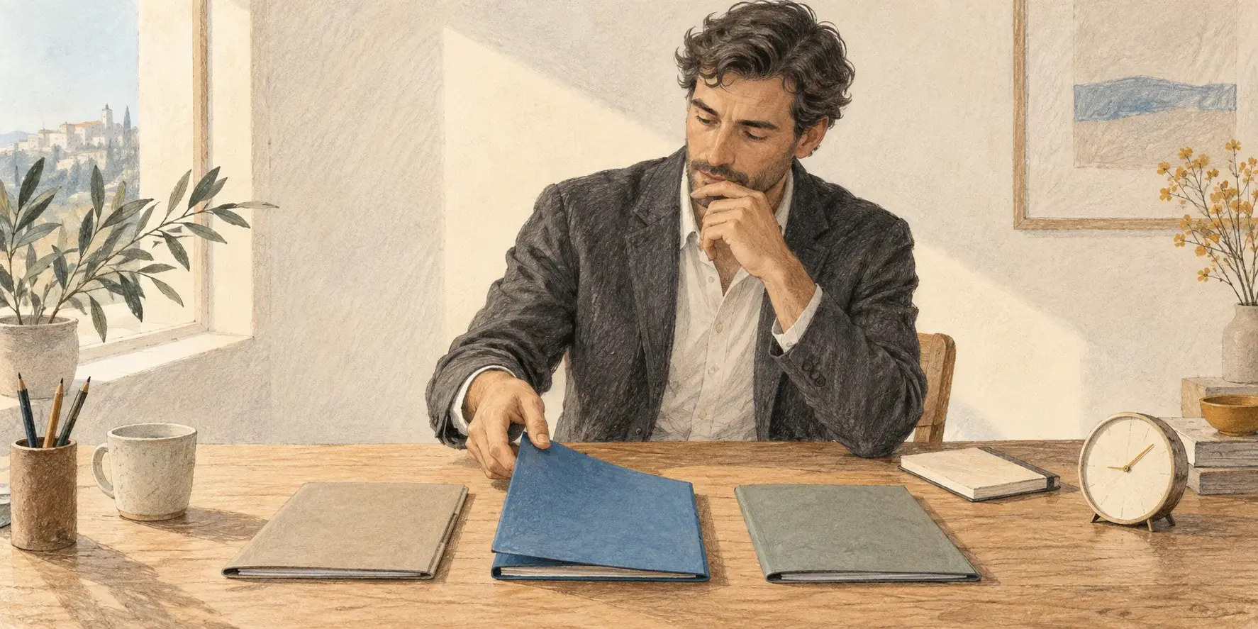 Ilustración de un profesional que elige una carpeta azul entre varias sobre su escritorio al comenzar la mañana.
