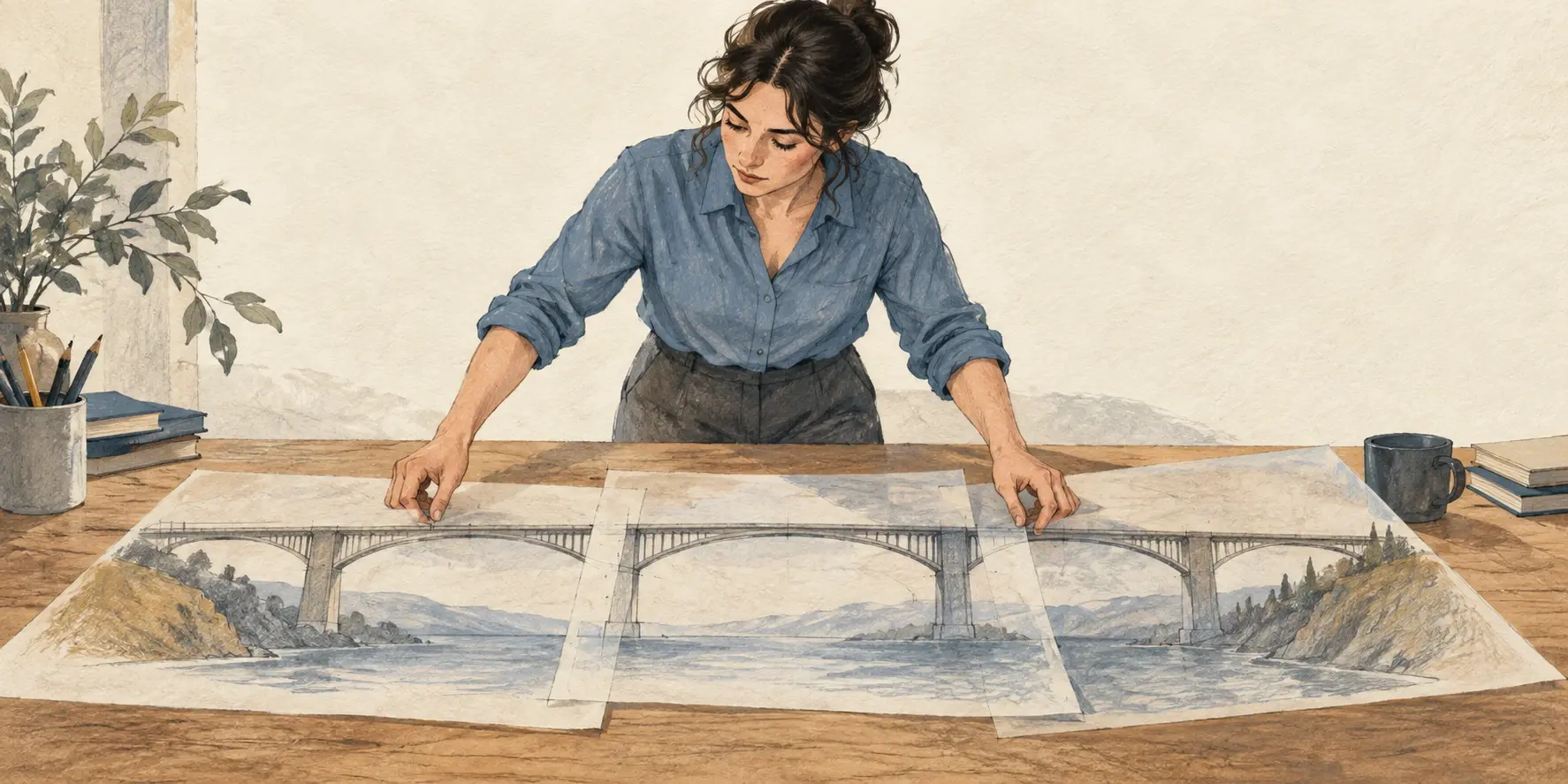 Una mujer alinea planos superpuestos de un puente cuyas secciones no coinciden sobre una mesa de trabajo.