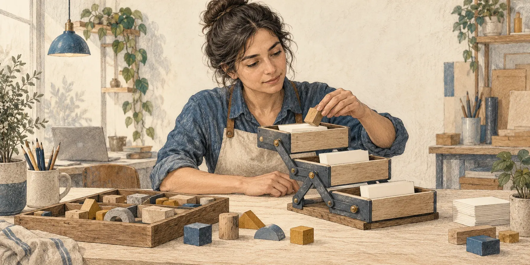 Una emprendedora ajusta un módulo de madera en un organizador de tareas sobre su mesa de trabajo.