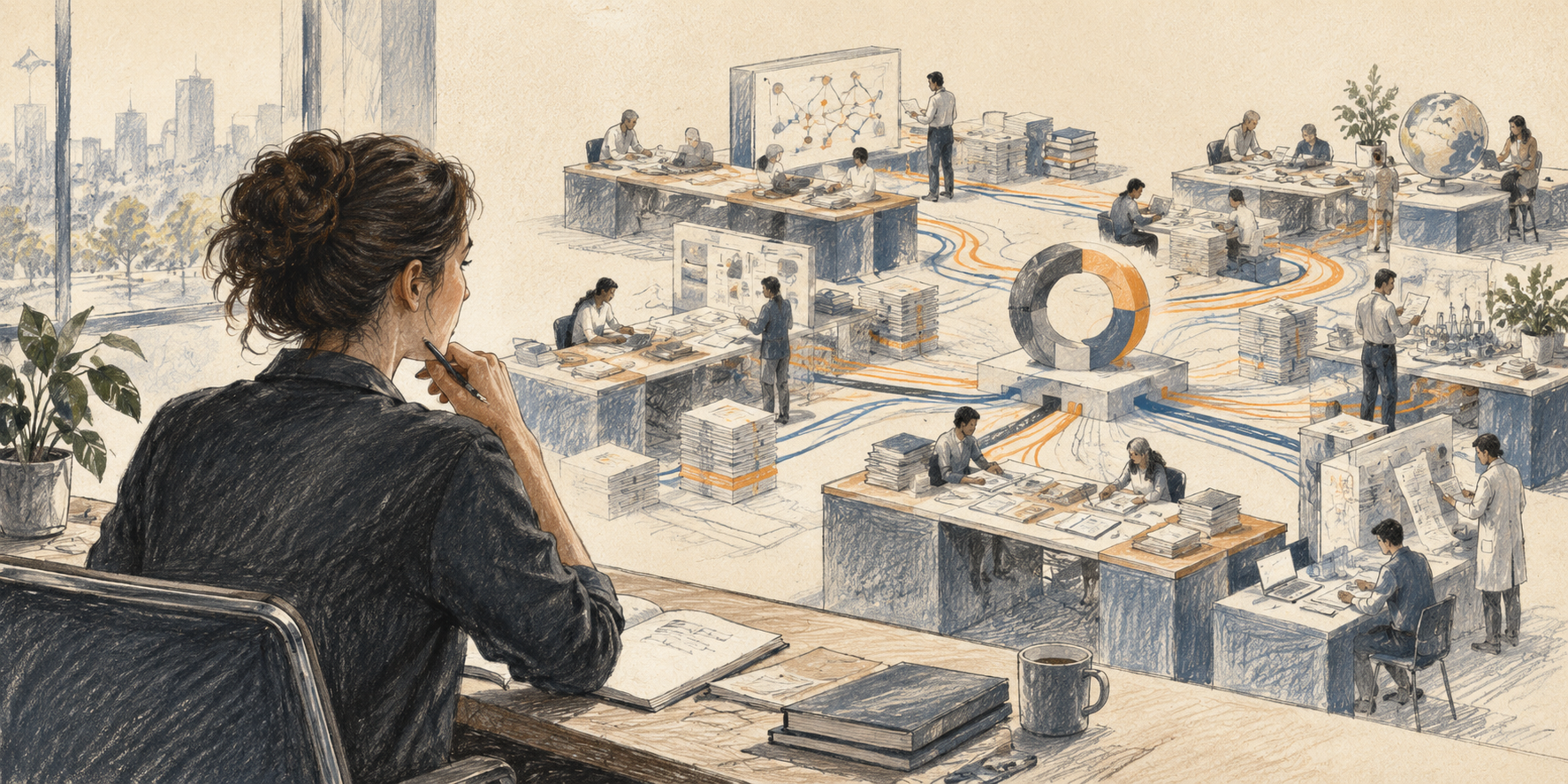 Ilustración de una investigadora que observa equipos de trabajo conectados por líneas azules y naranjas a un sistema central de inteligencia artificial.