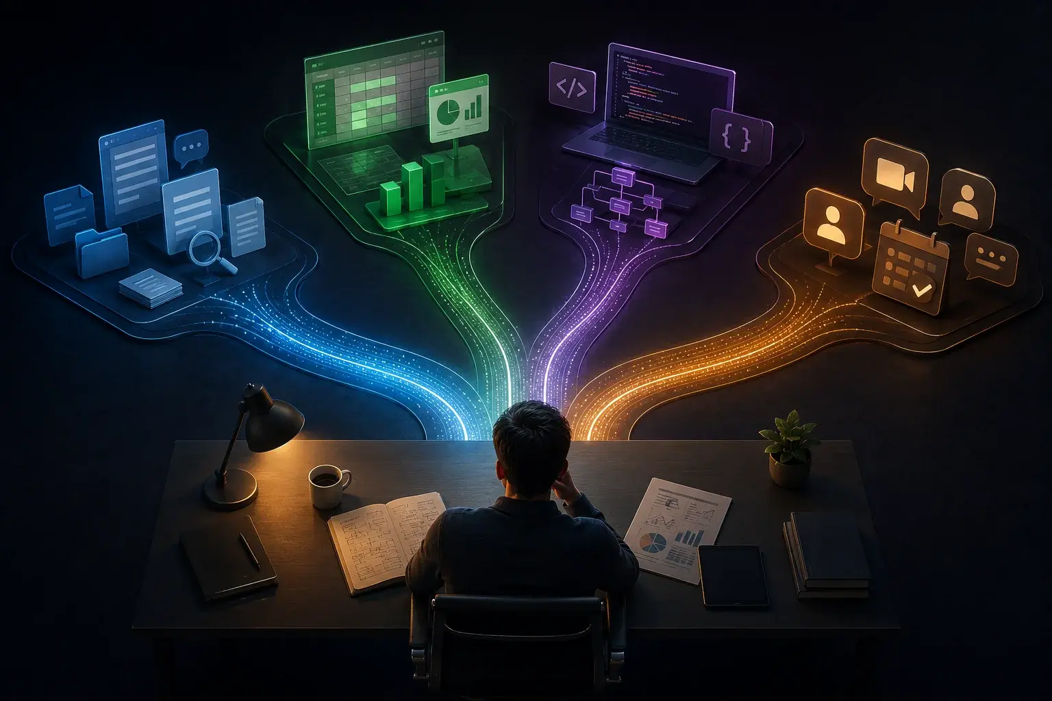 Ilustración editorial que representa a un profesional eligiendo entre distintos flujos de trabajo con inteligencia artificial para productividad, análisis, desarrollo y colaboración empresarial.