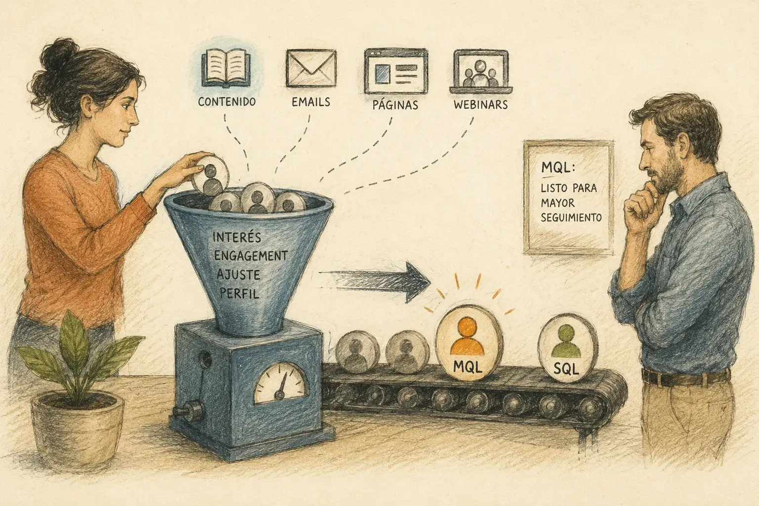 Ilustración editorial de una persona clasificando prospectos mediante un proceso de Lead Scoring hasta convertirlos en Marketing Qualified Leads (MQL), representando la colaboración entre marketing y ventas.