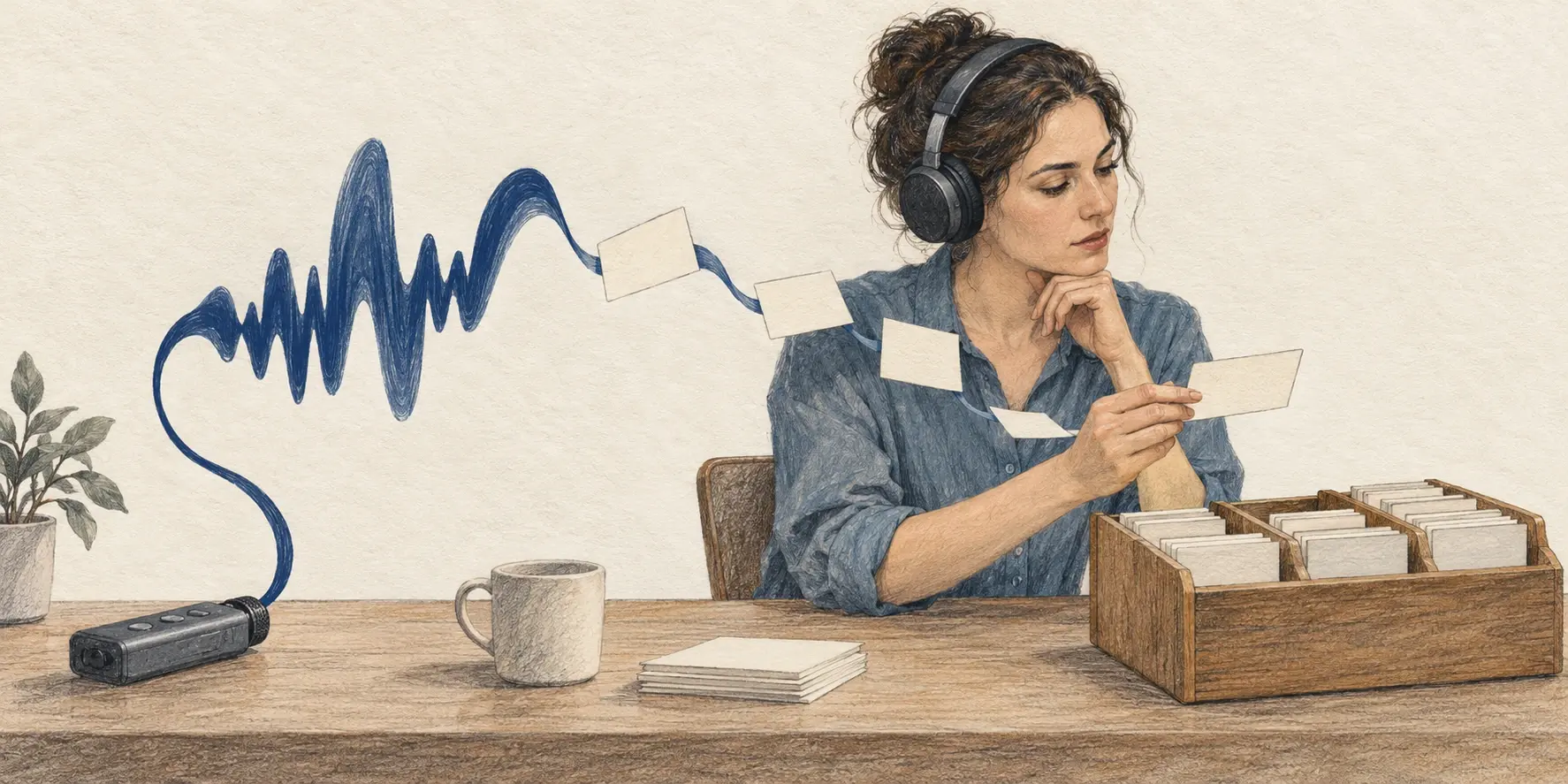 Ilustración de una mujer con auriculares que revisa una tarjeta antes de archivar datos extraídos de una grabación.