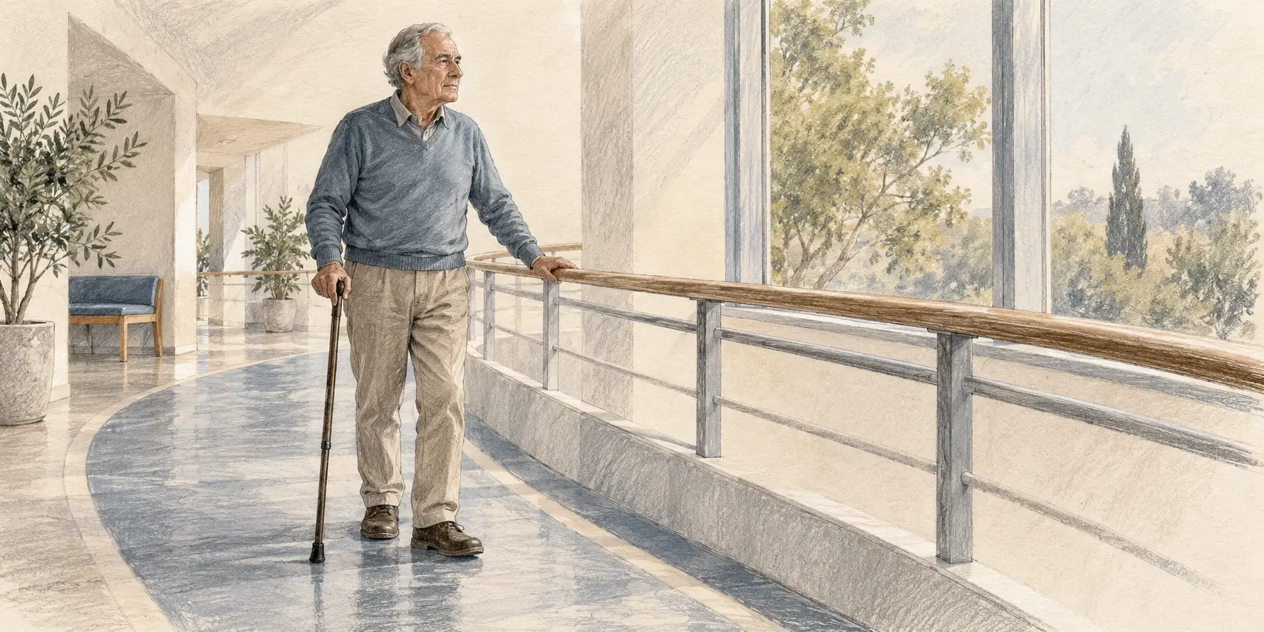 Ilustración de un hombre mayor con bastón junto a una baranda continua en un pasillo, símbolo del apoyo durante la recuperación.
