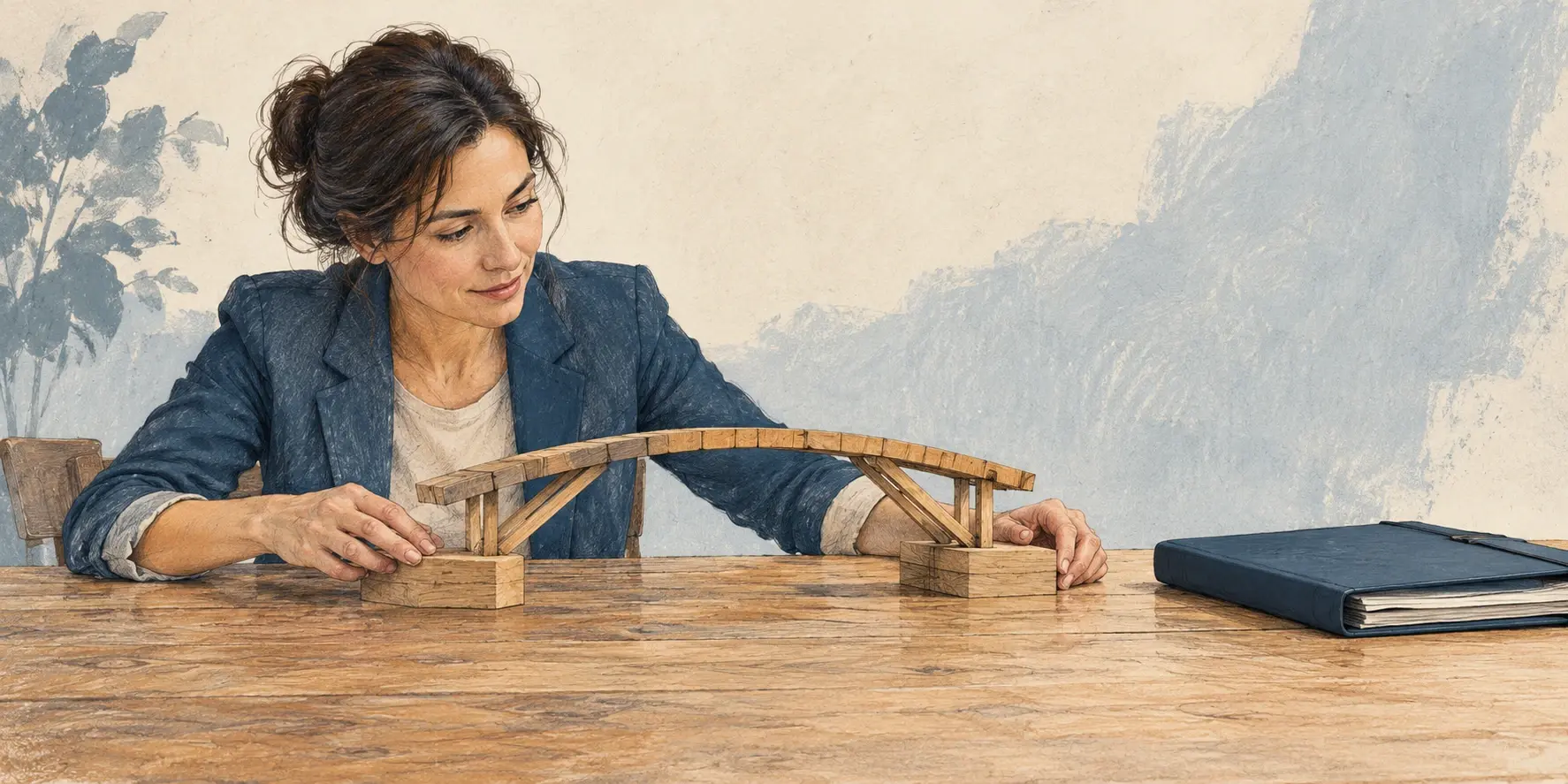 Ilustración de una consultora que revisa los apoyos de un puente de madera sobre una mesa, junto a una carpeta cerrada.