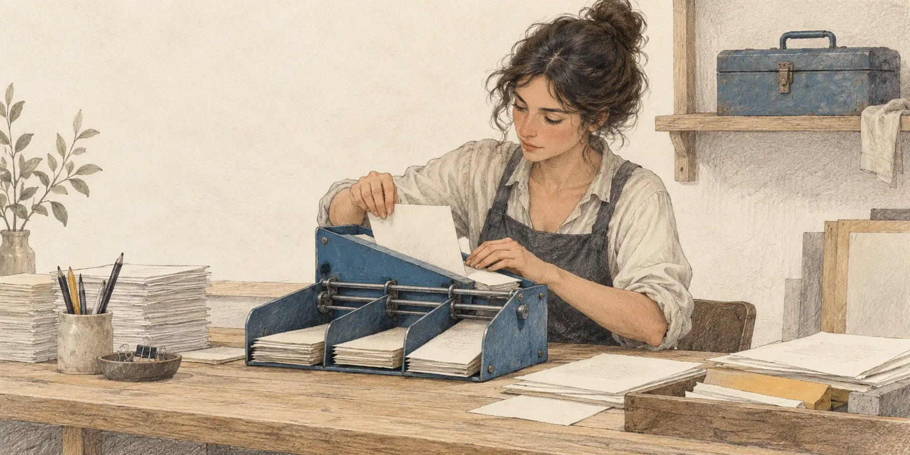 Ilustración de una mujer que integra un dispositivo azul de clasificación a su mesa de trabajo, con una caja de herramientas guardada detrás.