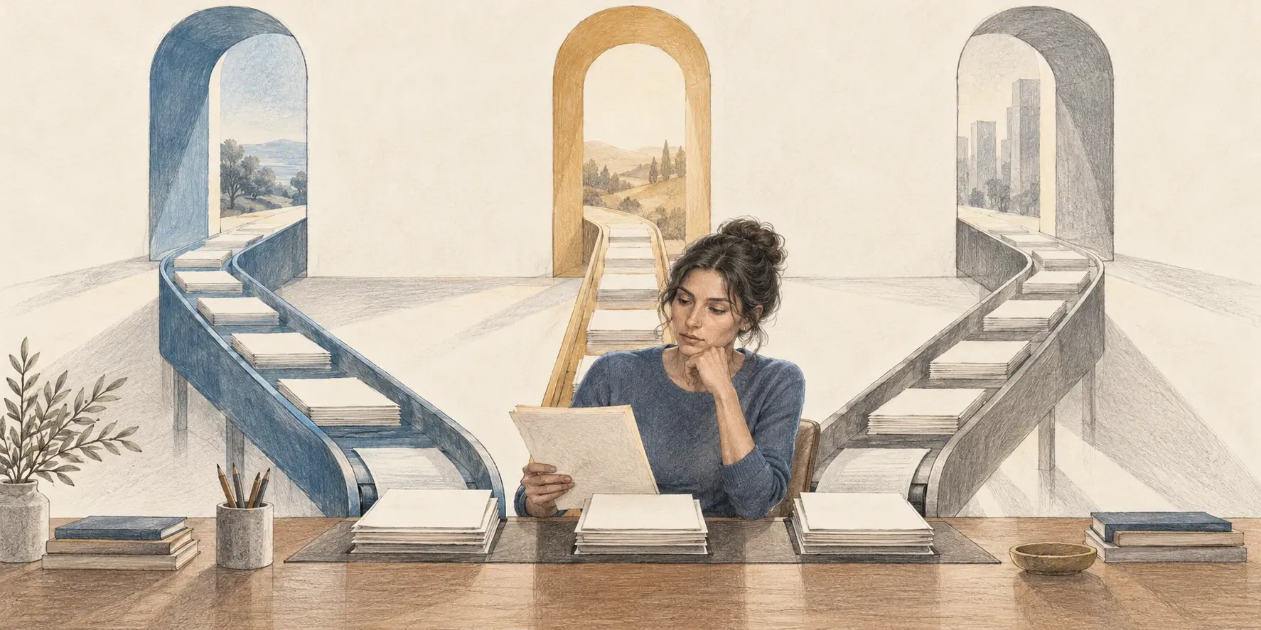 Ilustración de una mujer que revisa una carpeta en un escritorio al que llegan documentos desde tres puertas.