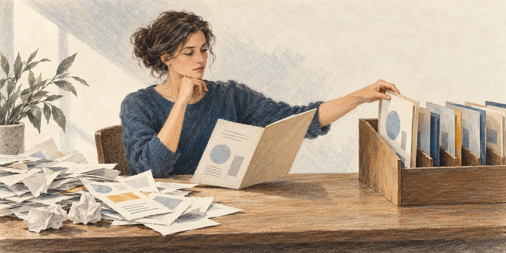 Ilustración de una mujer que revisa una carpeta junto a un organizador de documentos y una pila de hojas sobre un escritorio.
