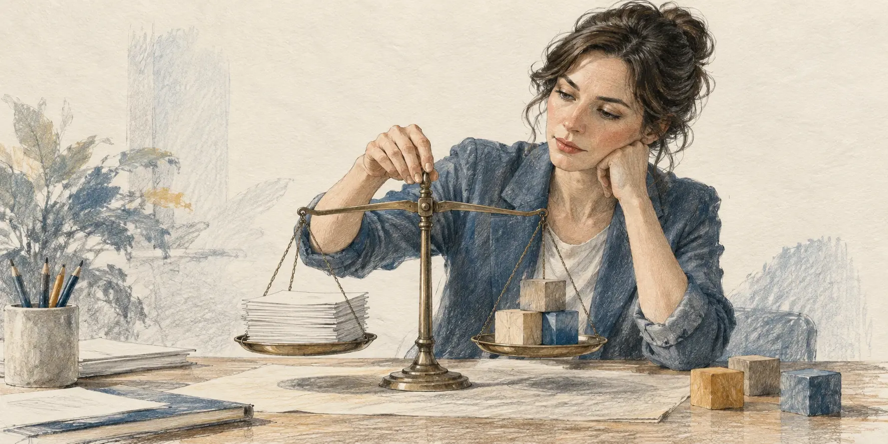 Ilustración de una mujer que ajusta una balanza con hojas y bloques de madera, como metáfora del equilibrio entre precio y concesiones.