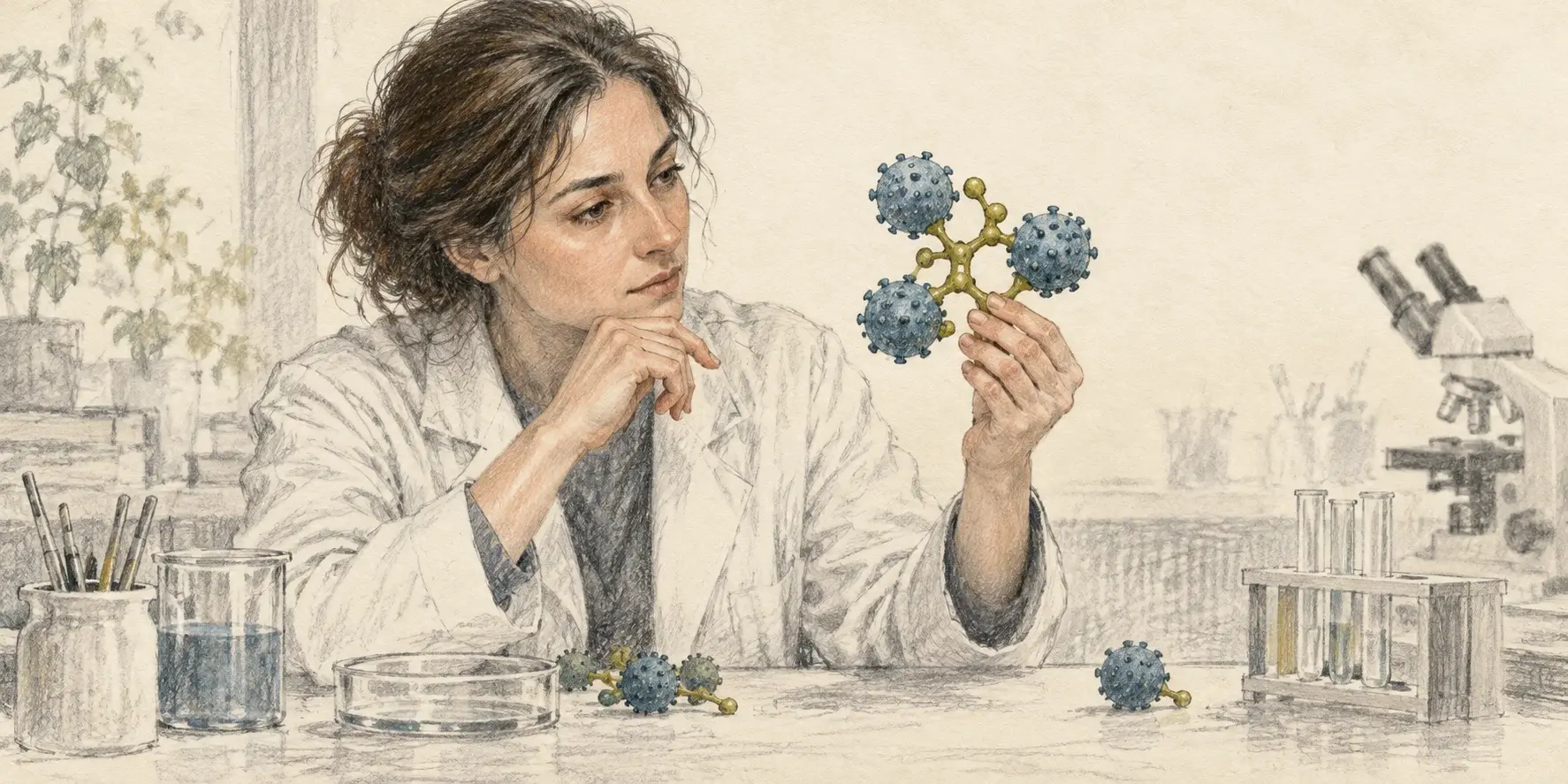 Investigadora observa un modelo de partículas virales enlazadas, metáfora de un antiviral experimental contra la influenza.