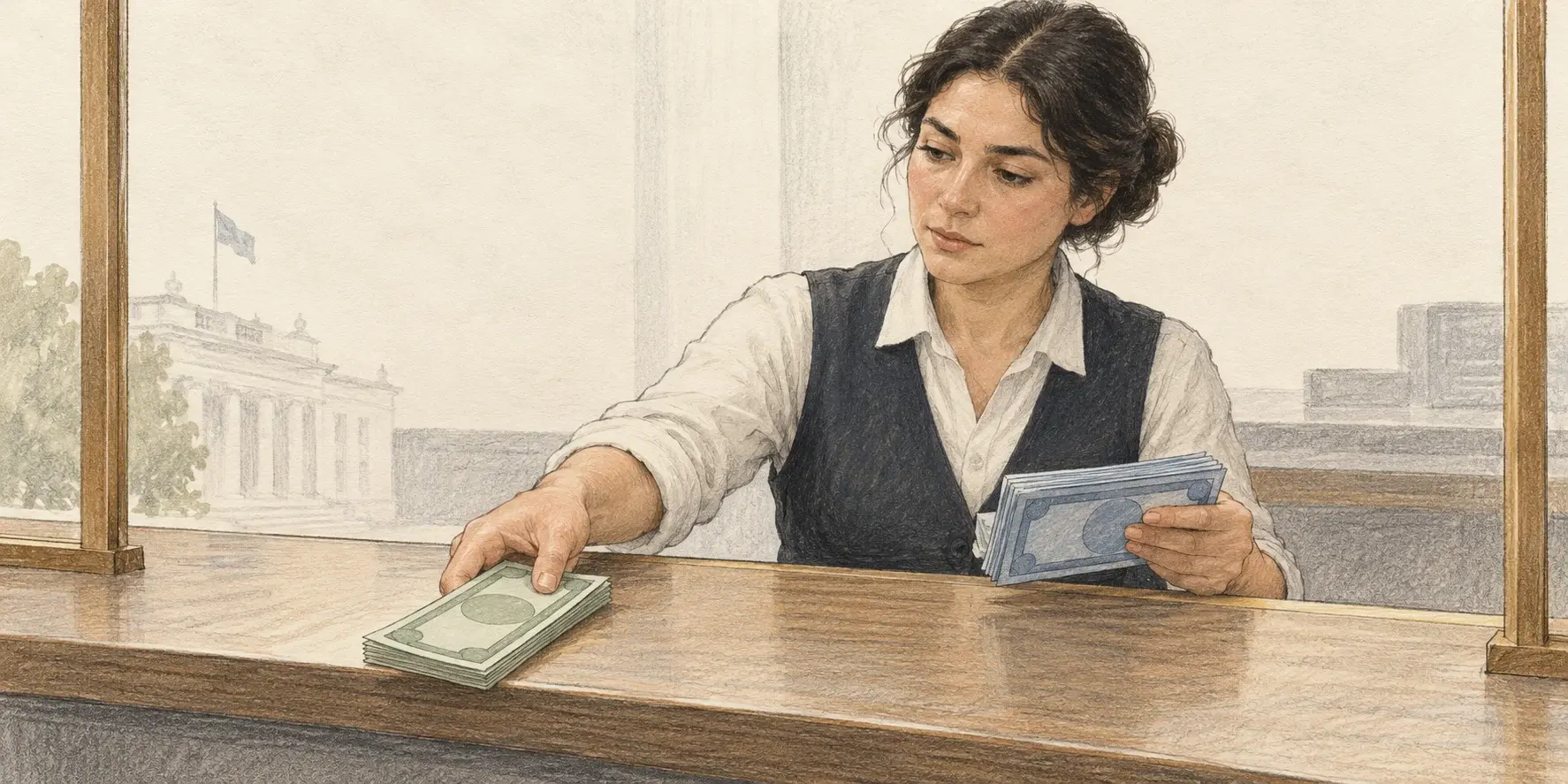 Ilustración de una funcionaria intercambiando billetes de dos colores, metáfora de la conversión de divisas del Tesoro a pesos.