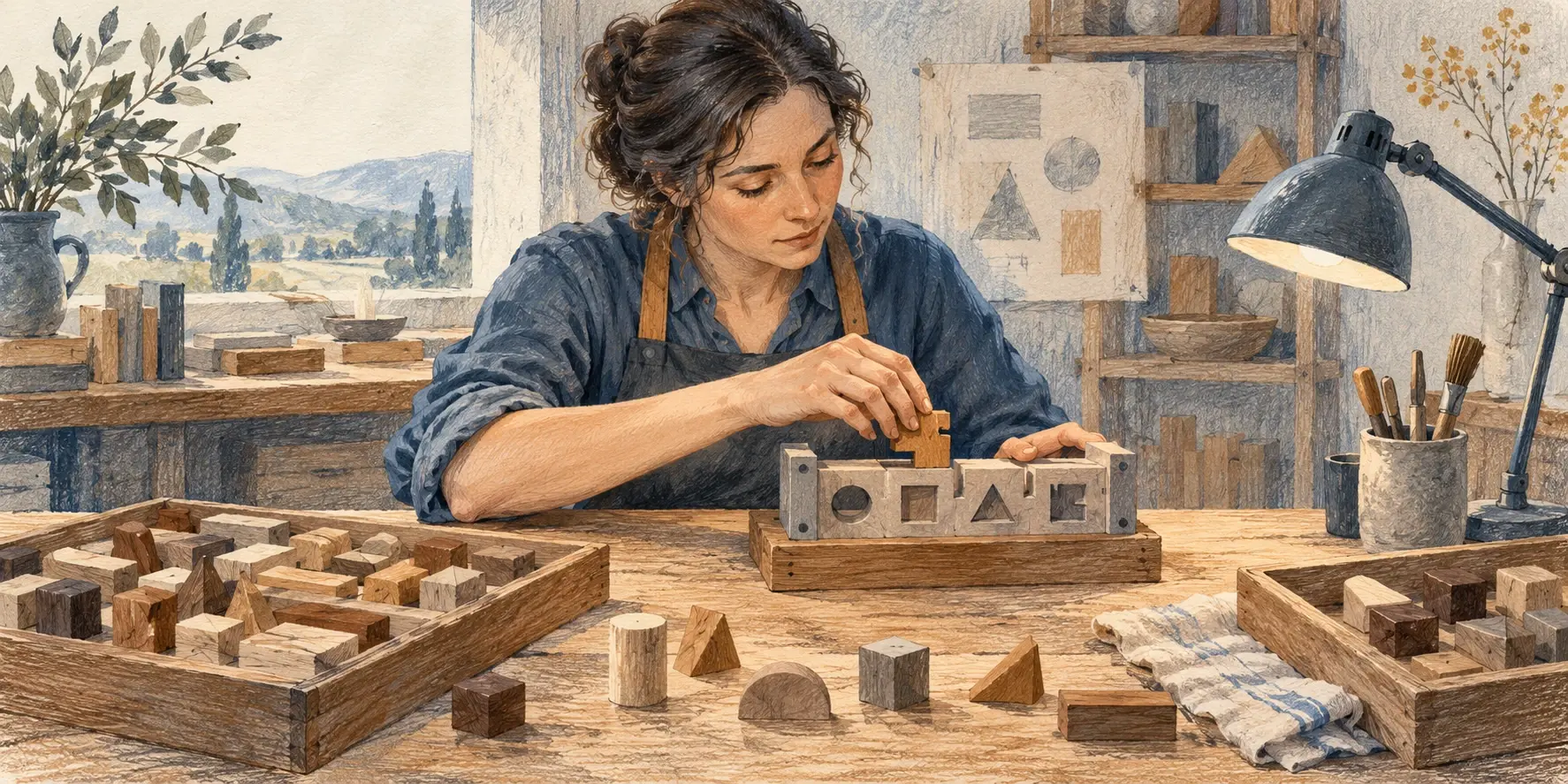 Una especialista selecciona piezas de madera y comprueba su encaje, metáfora del criterio experto aplicado a los datos para IA.