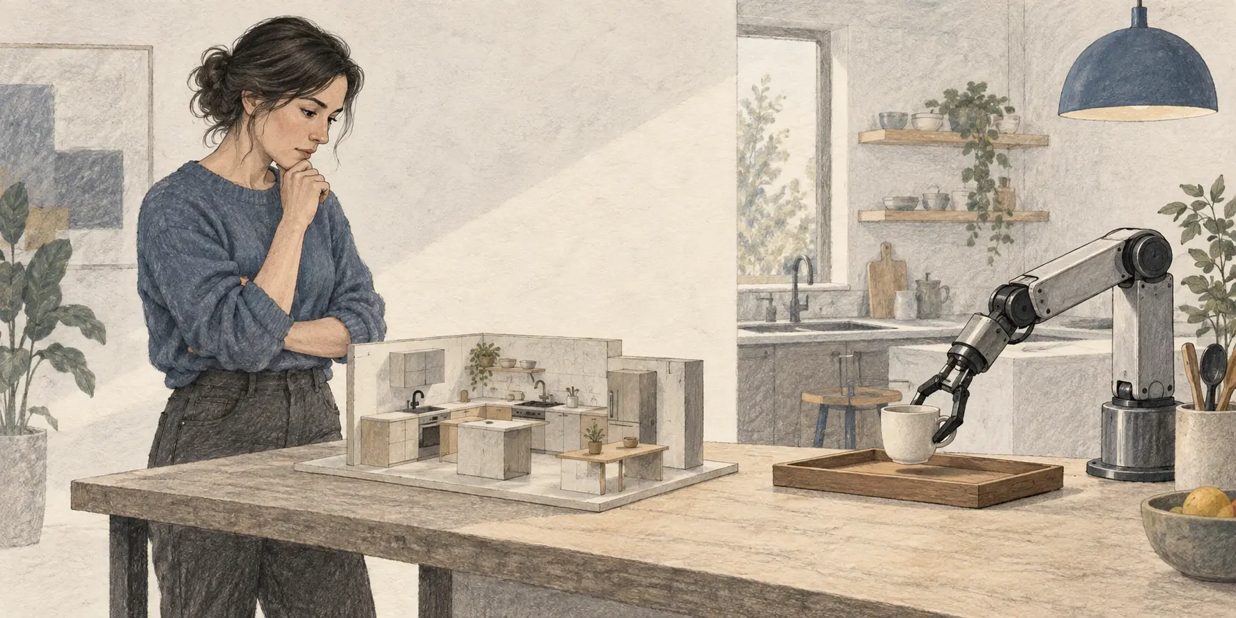 Ilustración conceptual de una investigadora que compara una maqueta de cocina mientras una pinza robótica mueve una taza.
