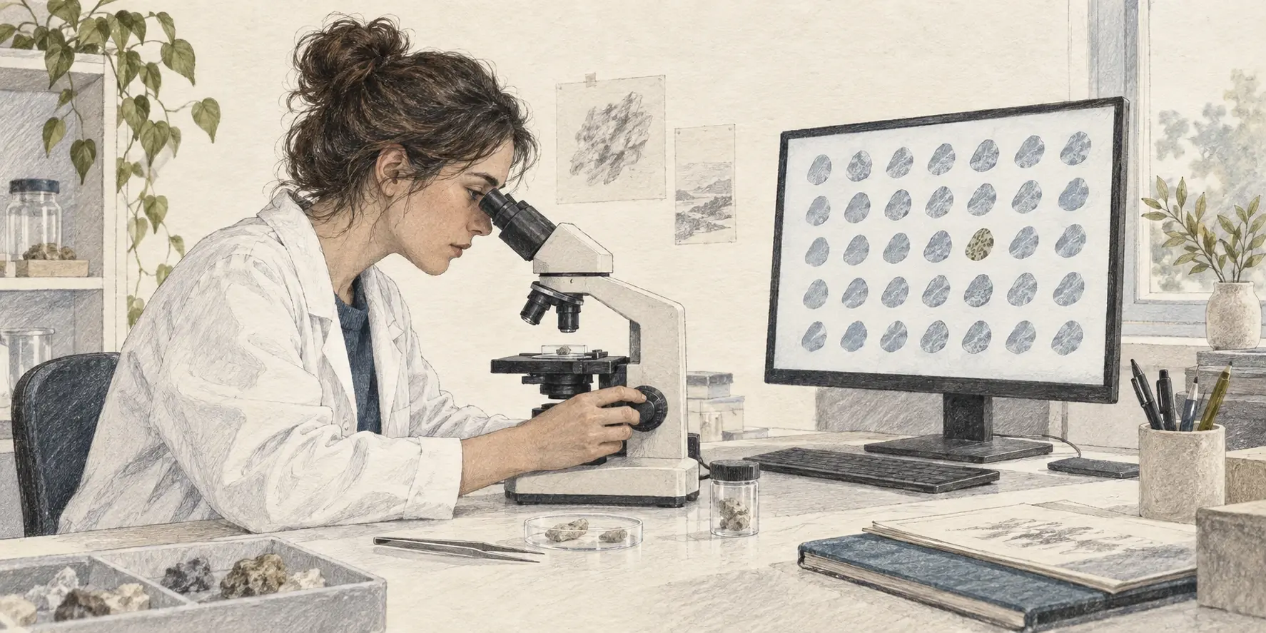 Ilustración conceptual de una científica al microscopio junto a una pantalla que destaca un patrón distinto entre figuras similares.
