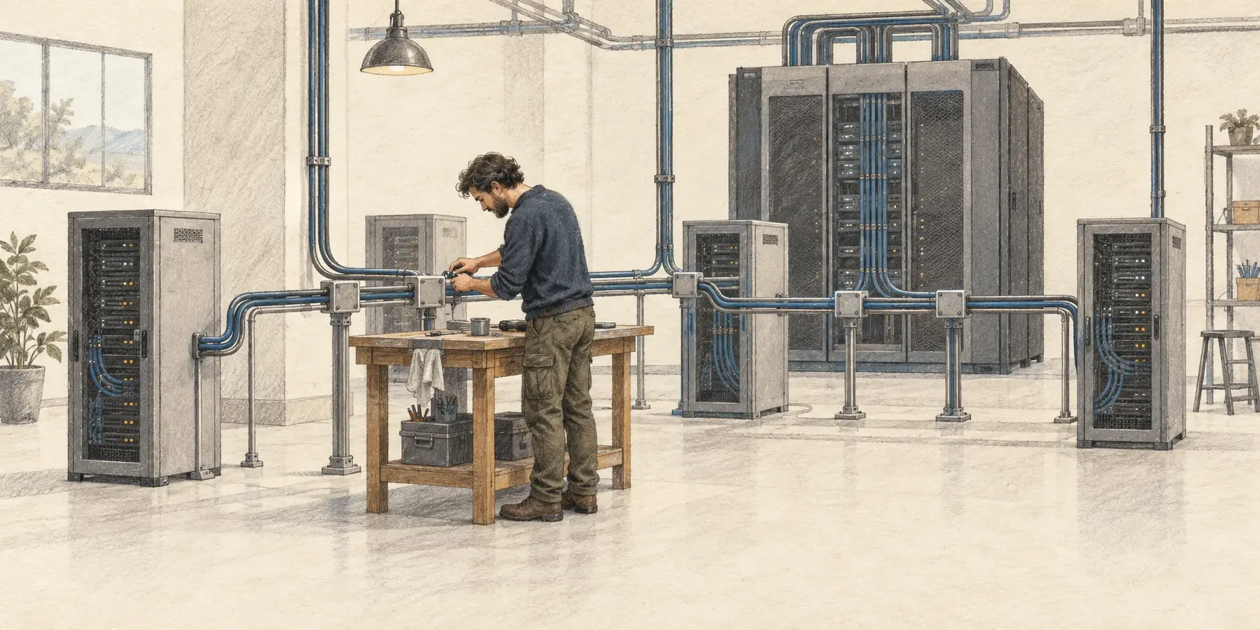 Ilustración de un ingeniero que ajusta conexiones entre servidores para coordinar la infraestructura de un servicio de inteligencia artificial.