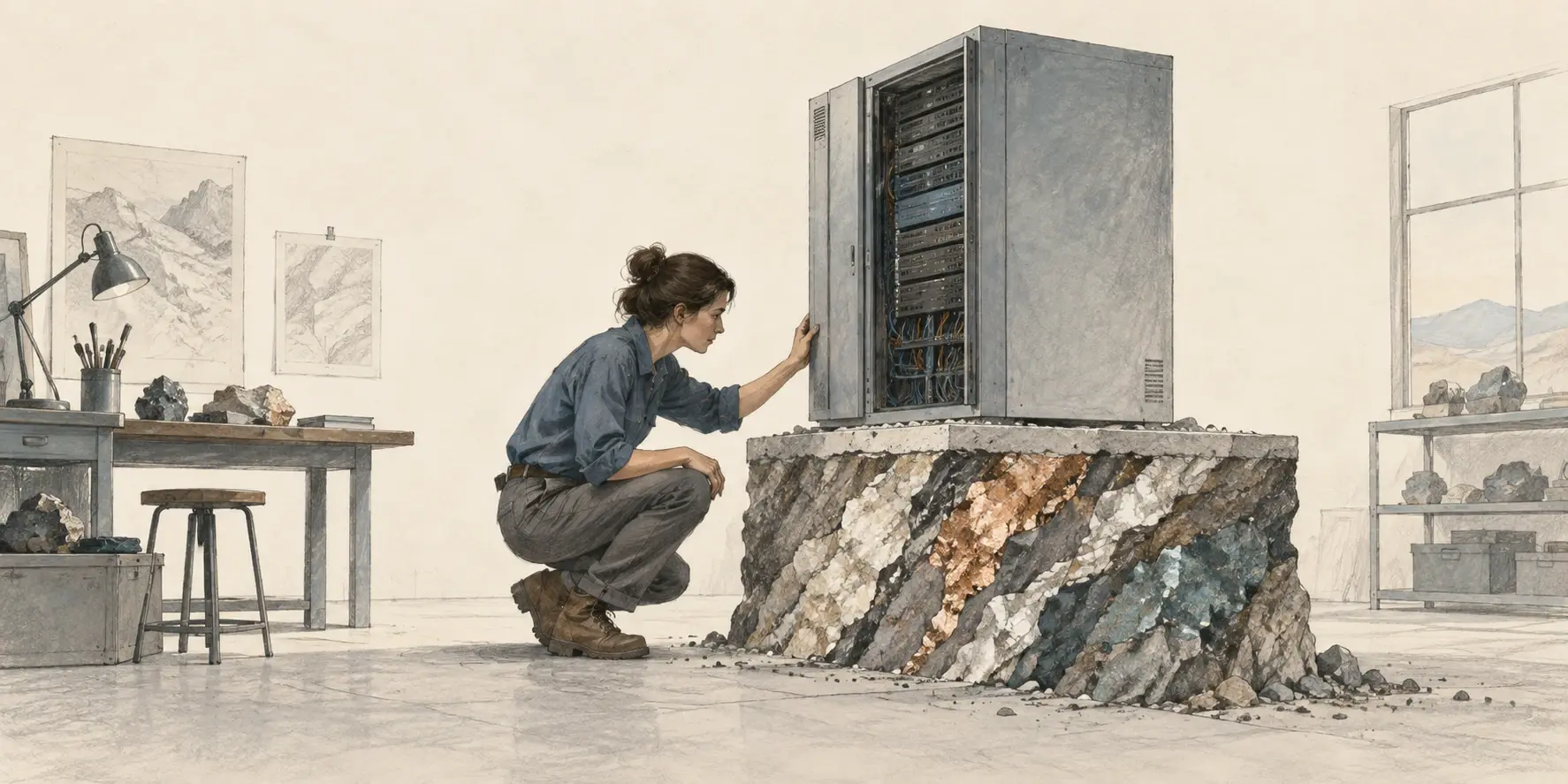 Una ingeniera inspecciona un servidor apoyado sobre una base de roca con vetas minerales, metáfora de la infraestructura física de la IA.