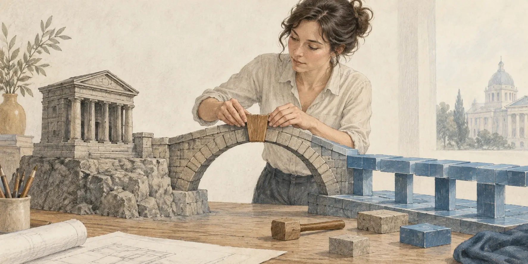Una mujer une un puente de piedra con una pasarela modular azul, metáfora de la conexión entre dinero central y activos tokenizados.