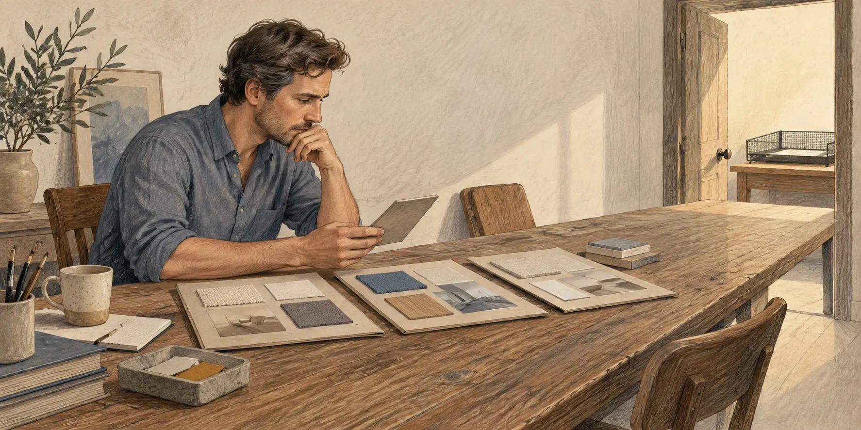 Un comprador compara muestras y carpetas sobre una mesa, antes de una bandeja vacía al fondo que representa el registro formal de la oportunidad.