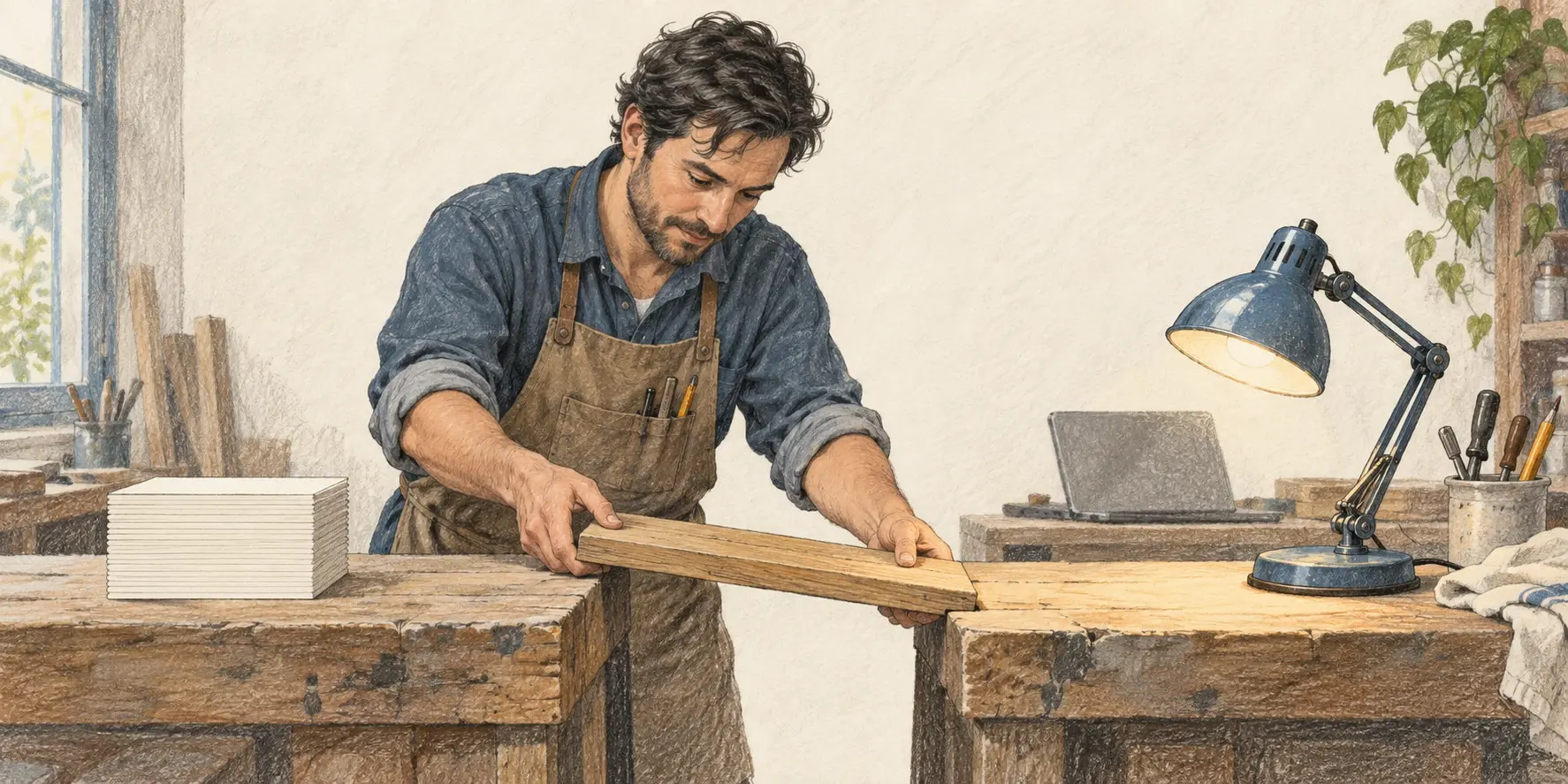 Un trabajador une dos partes de una mesa con una tabla, entre órdenes de trabajo y una lámpara reparada, como metáfora de convertir eficiencia en resultados.