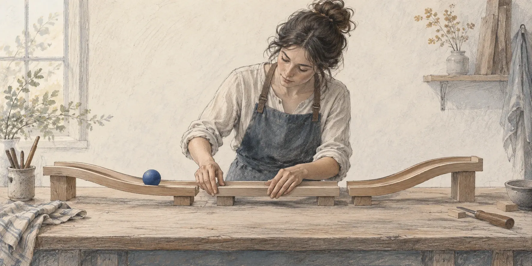 Una artesana alinea tres tramos de una pista de madera para permitir el paso continuo de una esfera azul.