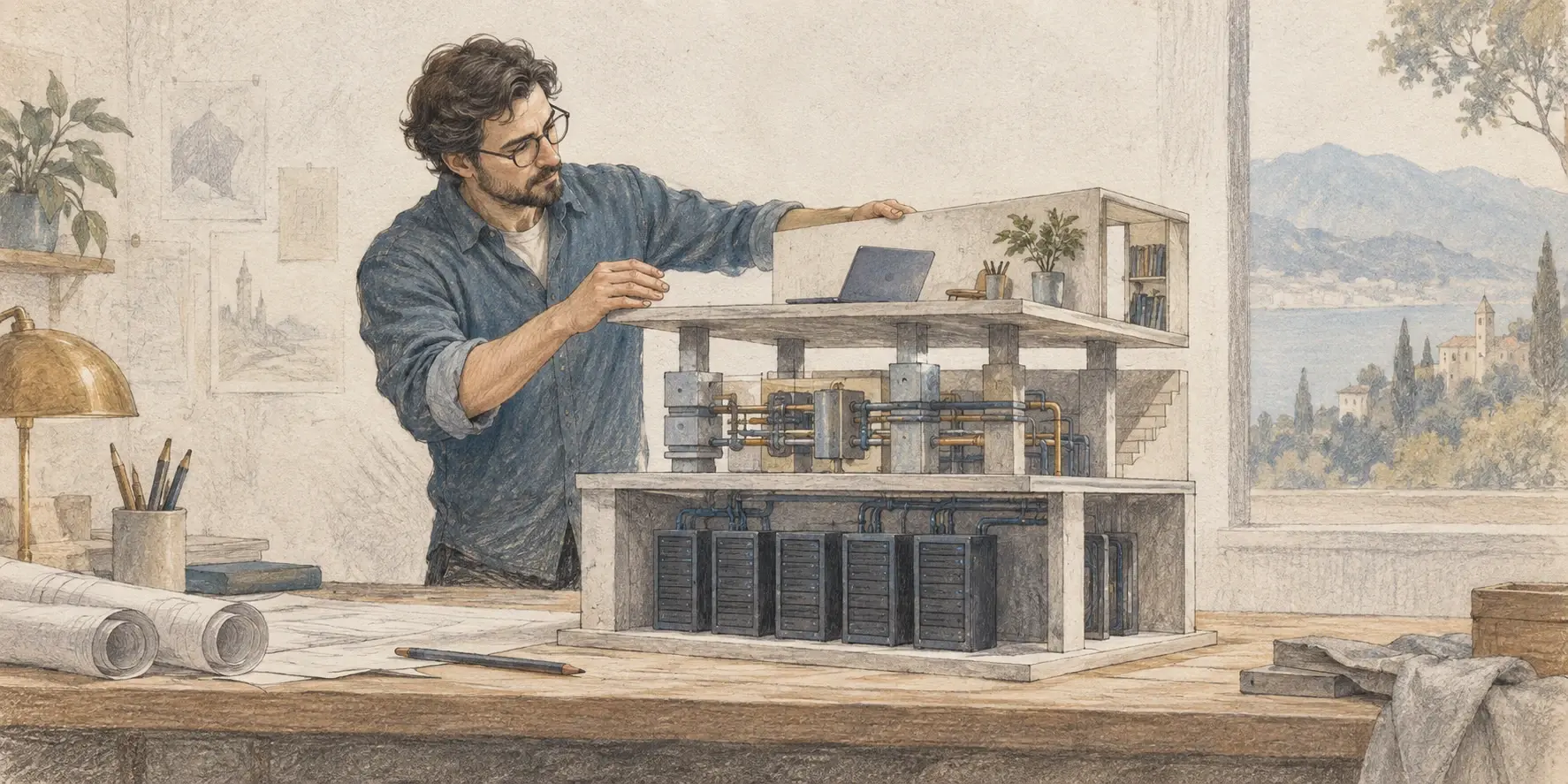 Un ingeniero conecta los niveles de una maqueta con servidores, mecanismos y un espacio de trabajo, como metáfora del stack de IA.