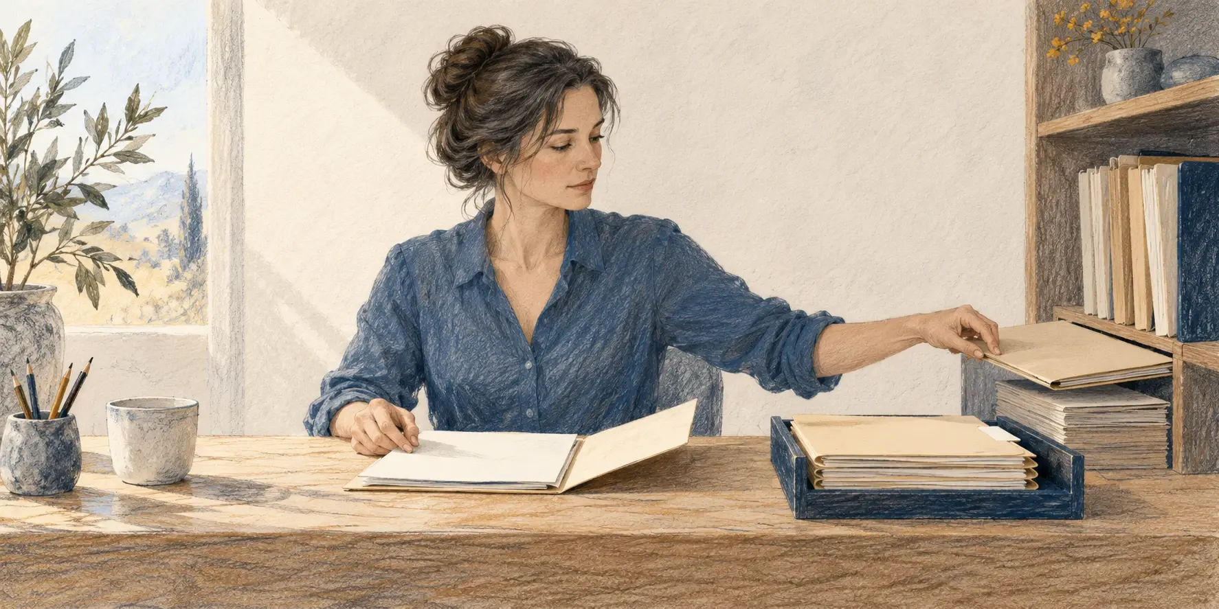 Una mujer organiza carpetas sobre un escritorio y cierra una mientras conserva otras para su revisión posterior.