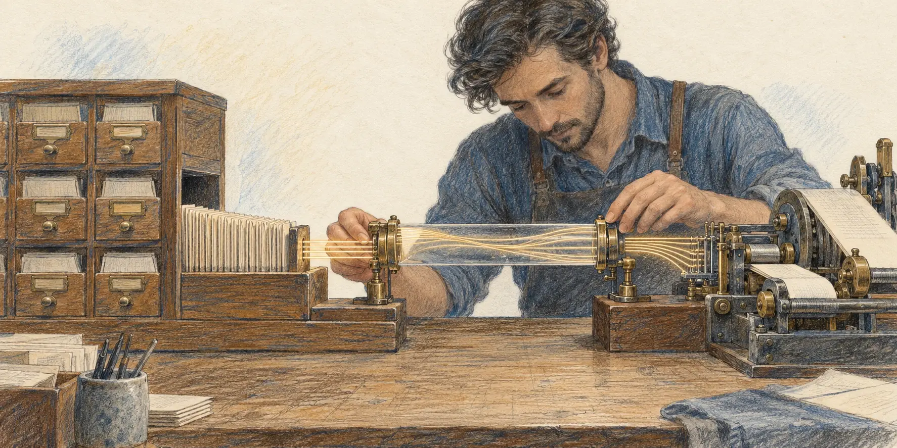 Ilustración de un ingeniero que conecta un archivo y una máquina mediante un puente óptico, metáfora del movimiento de datos en la IA.