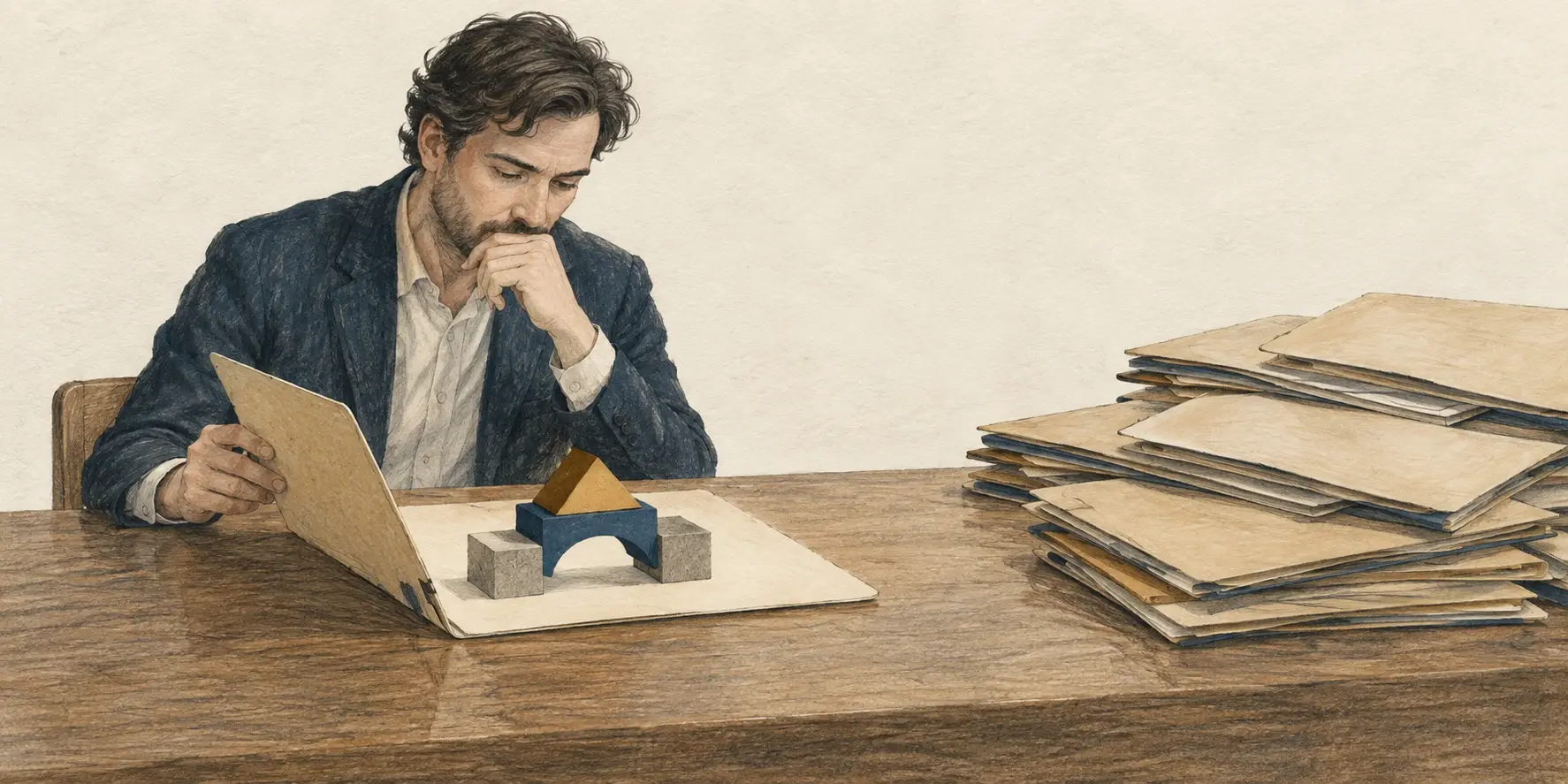 Ilustración de un profesional que examina una carpeta con piezas que encajan, frente a una pila de contactos por evaluar.