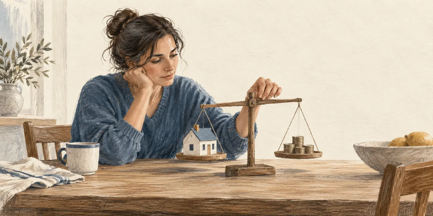 Ilustración de una persona que equilibra una casa en miniatura y monedas, metáfora de la relación entre crédito y ahorro.