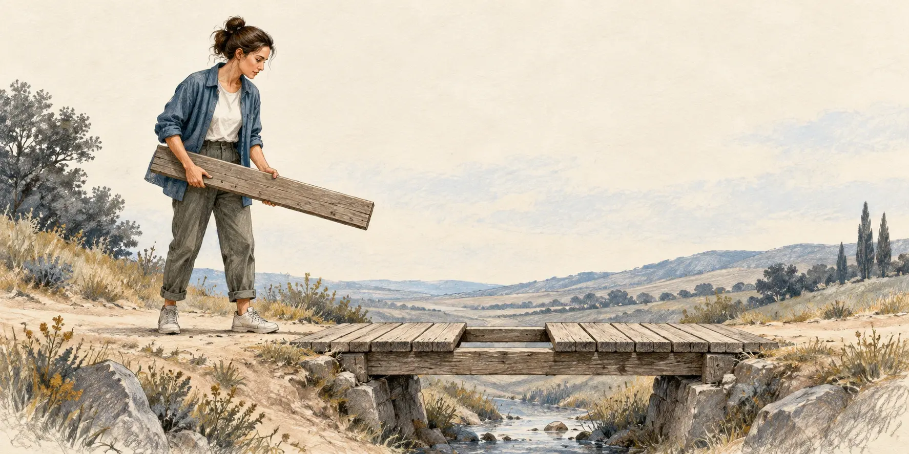 Ilustración de una mujer que sostiene una tabla junto a un puente incompleto, metáfora de resolver una condición antes de avanzar.