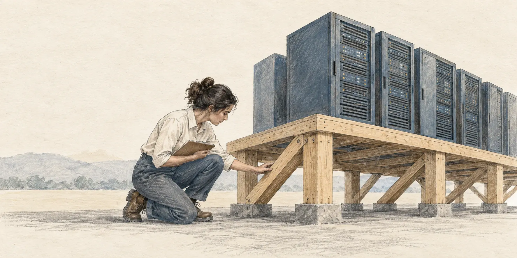 Ilustración de una ingeniera que inspecciona los soportes de una plataforma con servidores, metáfora del financiamiento de infraestructura de IA.