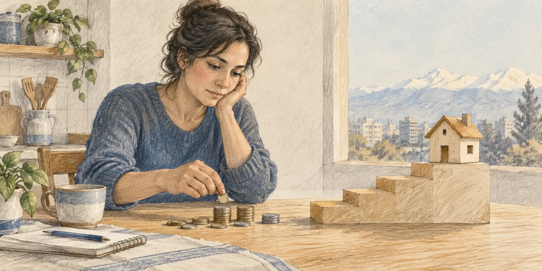 Una persona distribuye monedas junto a una casa de madera sobre escalones, metáfora del reajuste gradual de los gastos de vivienda.