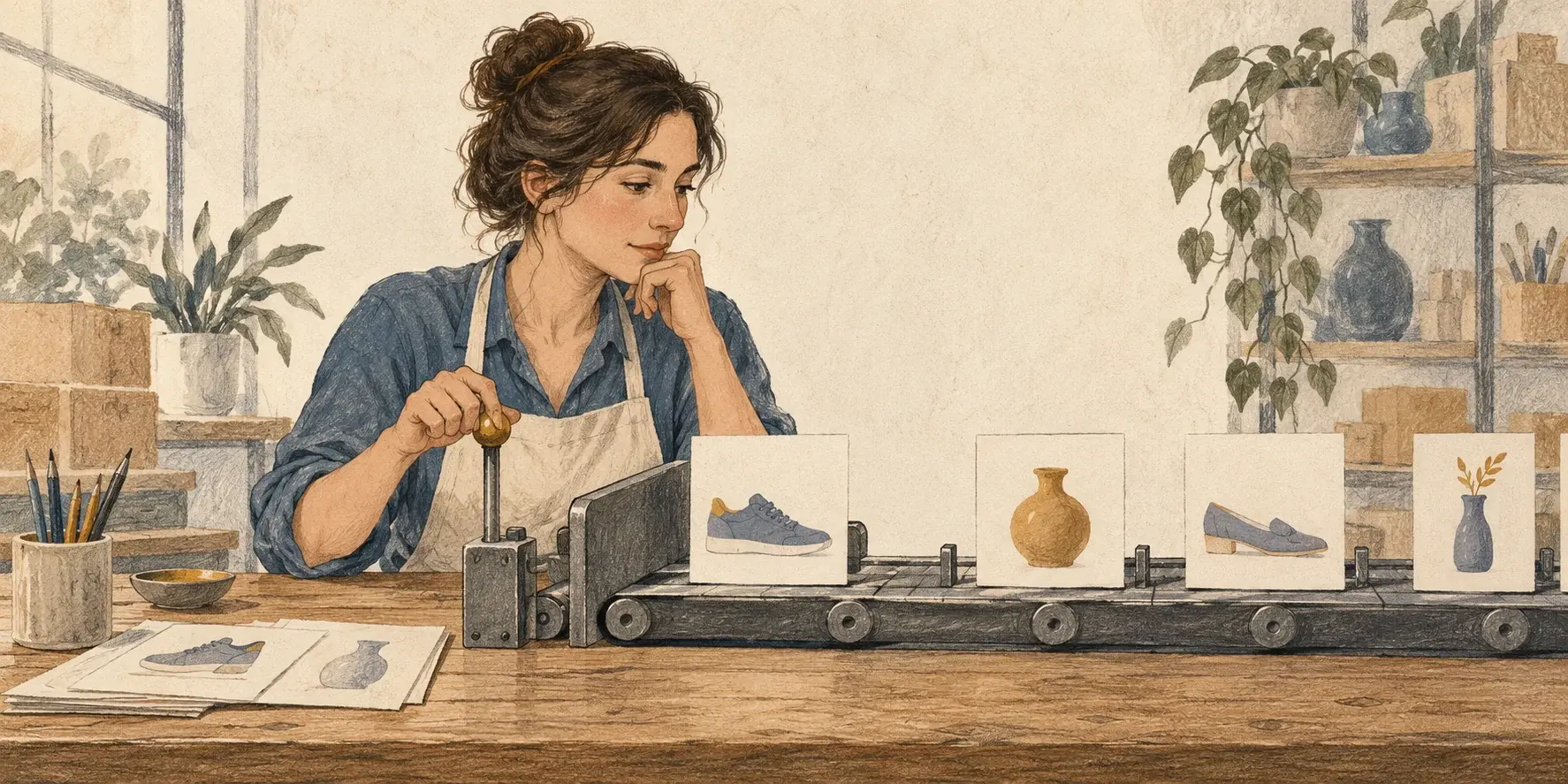 Una emprendedora revisa tarjetas de productos y controla una compuerta sobre una cinta transportadora, como metáfora de supervisión publicitaria.