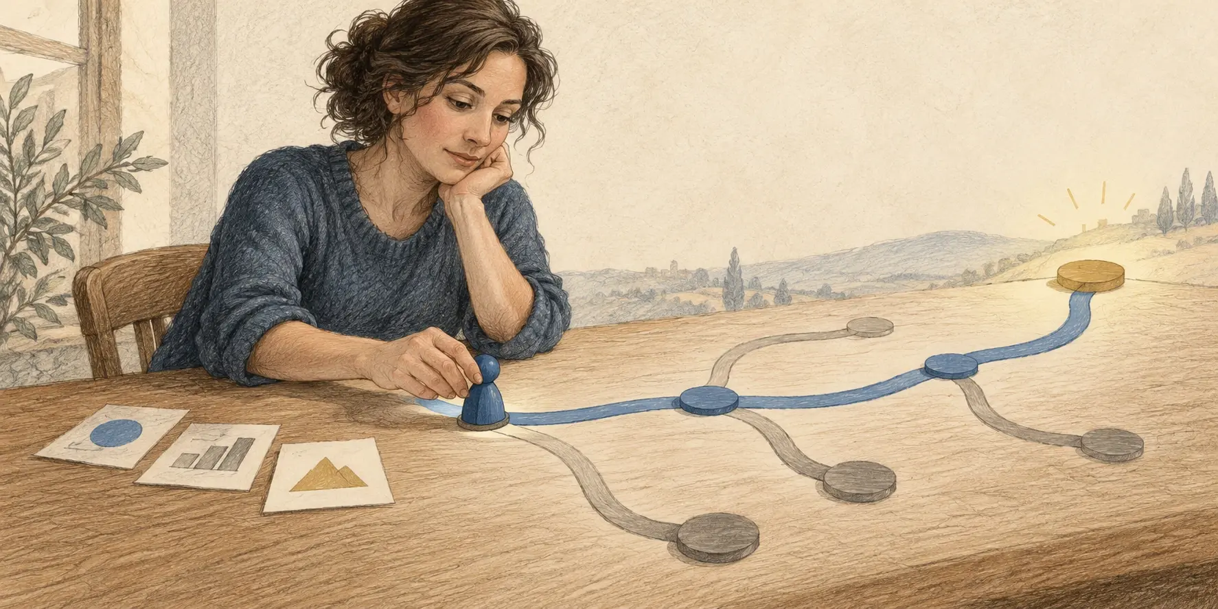 Una vendedora mueve una pieza azul por un camino ramificado sobre su escritorio, junto a tarjetas que representan la evidencia para decidir.
