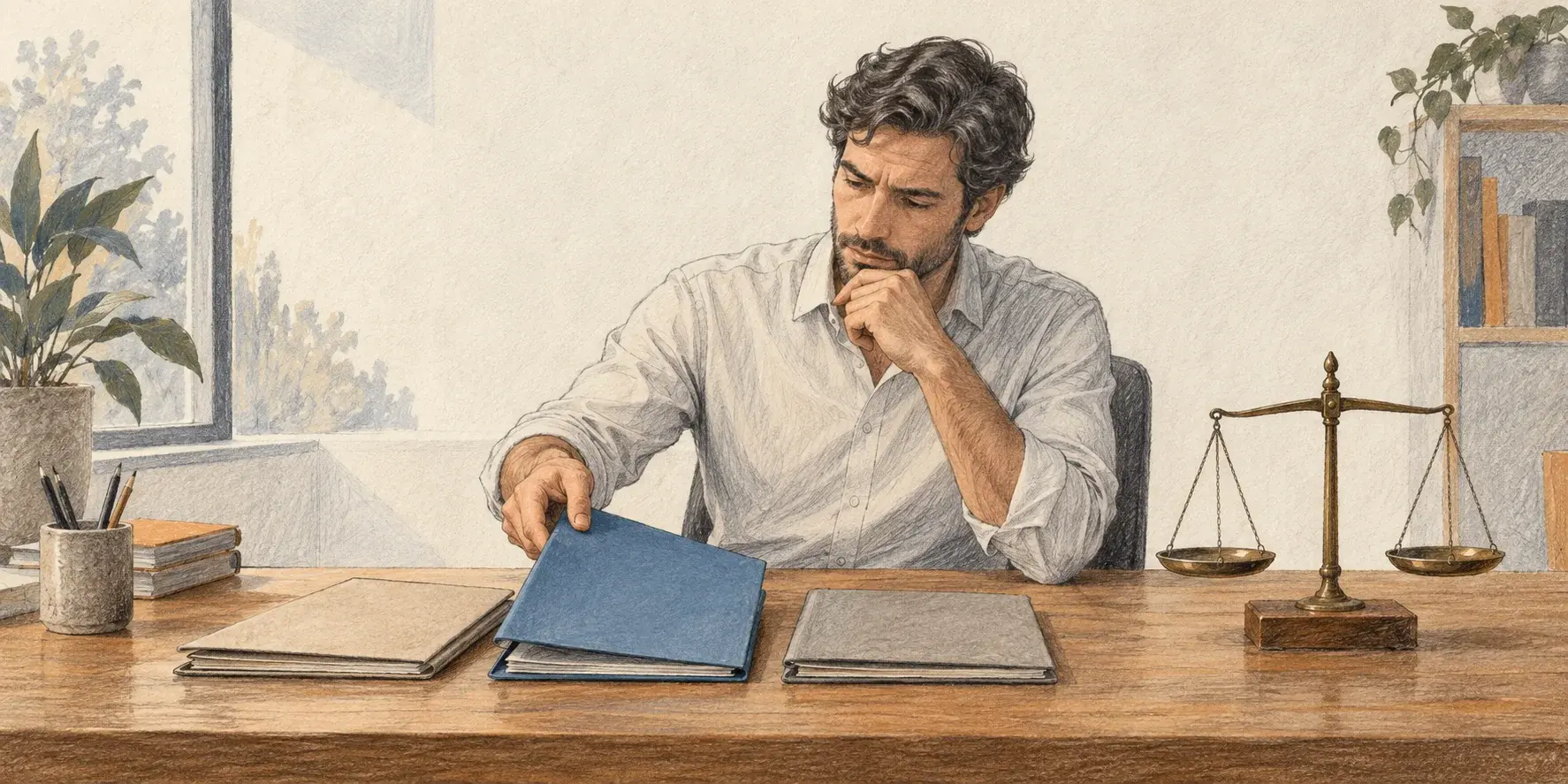 Ilustración de un profesional que selecciona una carpeta azul entre varias, junto a una balanza sobre su escritorio.