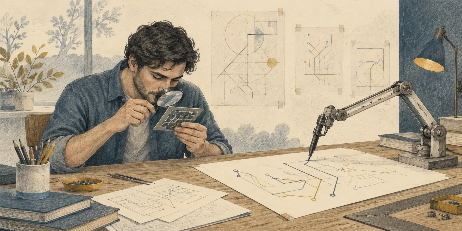 Un ingeniero revisa un trazado de circuitos con una lupa mientras un brazo de dibujo prepara alternativas sobre la misma mesa.