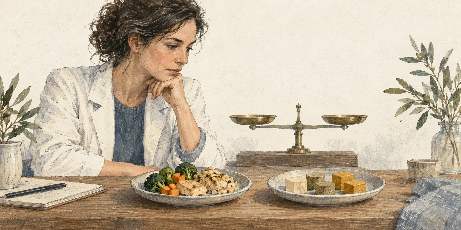 Una investigadora compara dos platos de alimentos junto a una balanza equilibrada, como metáfora de nutrientes similares y estructuras distintas.