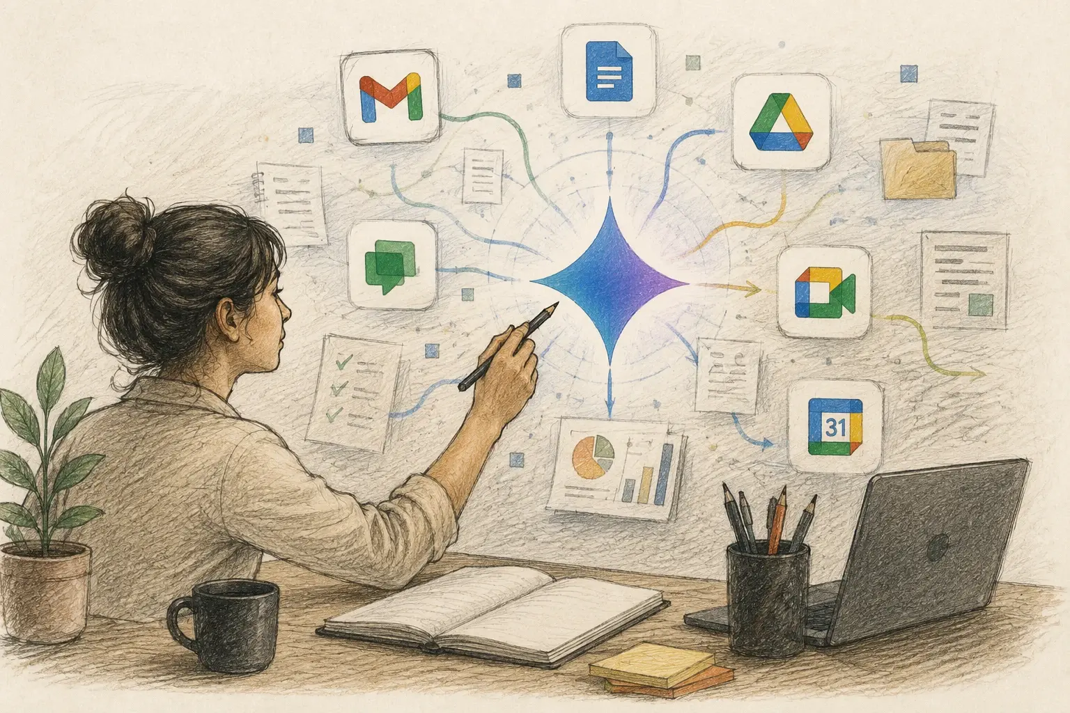 Ilustración editorial de una profesional conectando Gmail, Drive, Docs, Meet, Chat y Calendar mediante Gemini para organizar su trabajo.