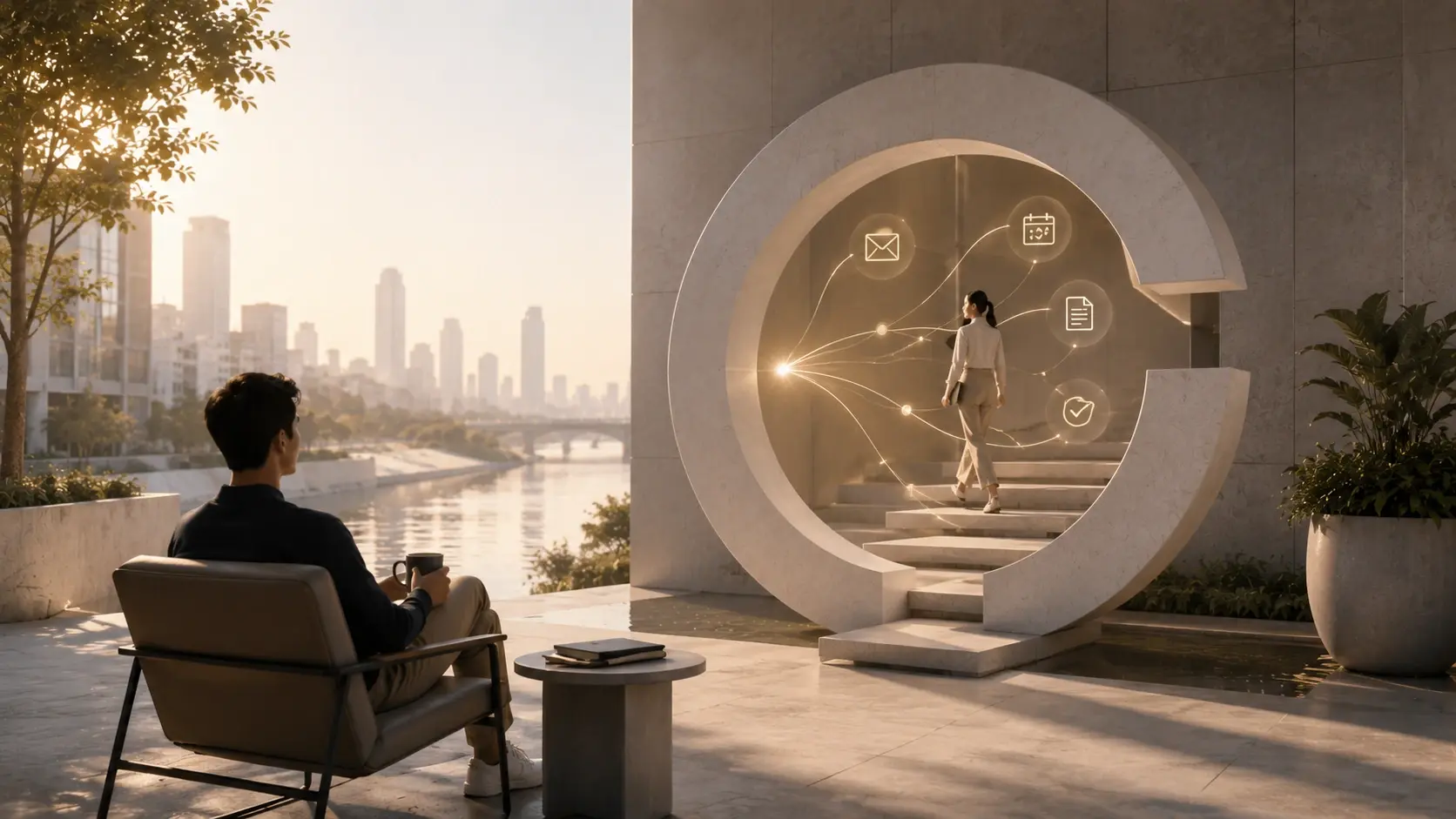         Representación conceptual de Gemini Spark como un agente de inteligencia artificial que trabaja de forma autónoma para ayudar a las personas.