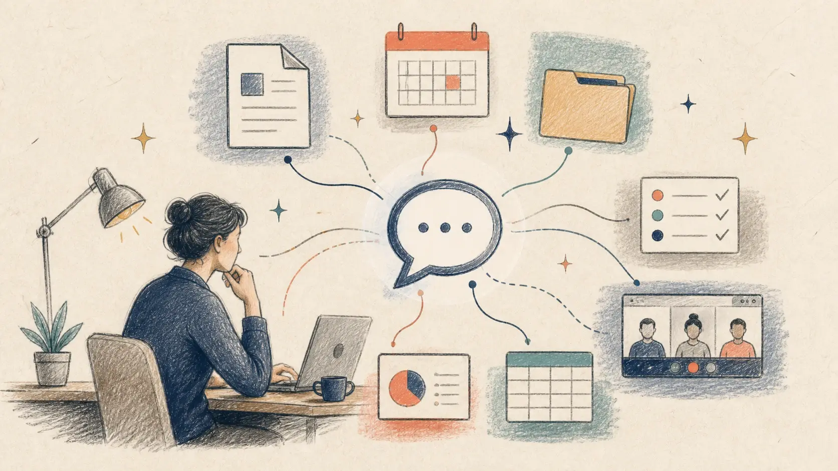 Ilustración de una profesional usando Google Chat como centro de trabajo conectado con documentos, calendario, tareas, reuniones y hojas de cálculo.
