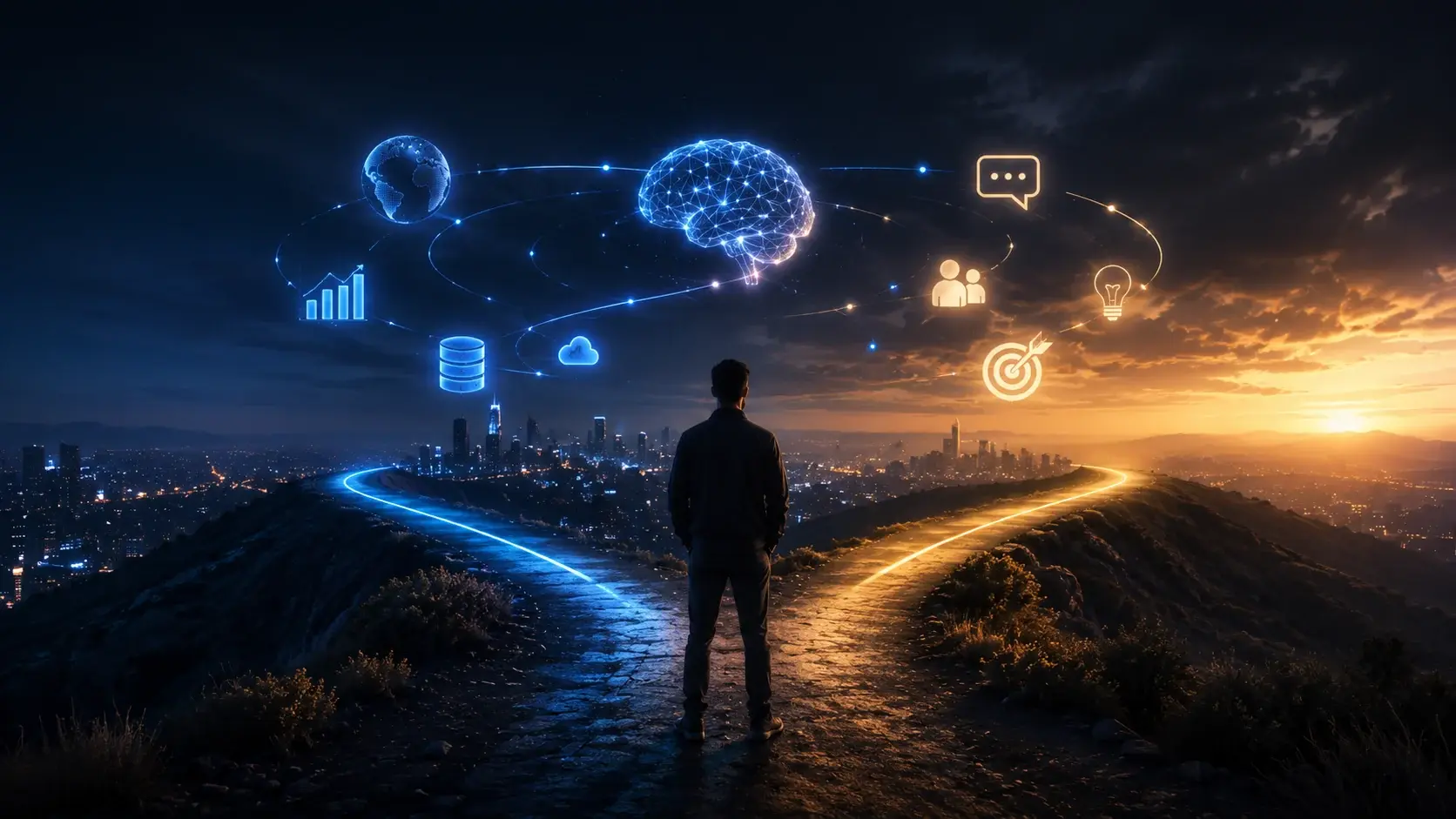 Persona frente a dos caminos iluminados, uno tecnológico y otro humano, con símbolos digitales en el cielo como metáfora del cambio del posicionamiento en Internet por la inteligencia artificial.
