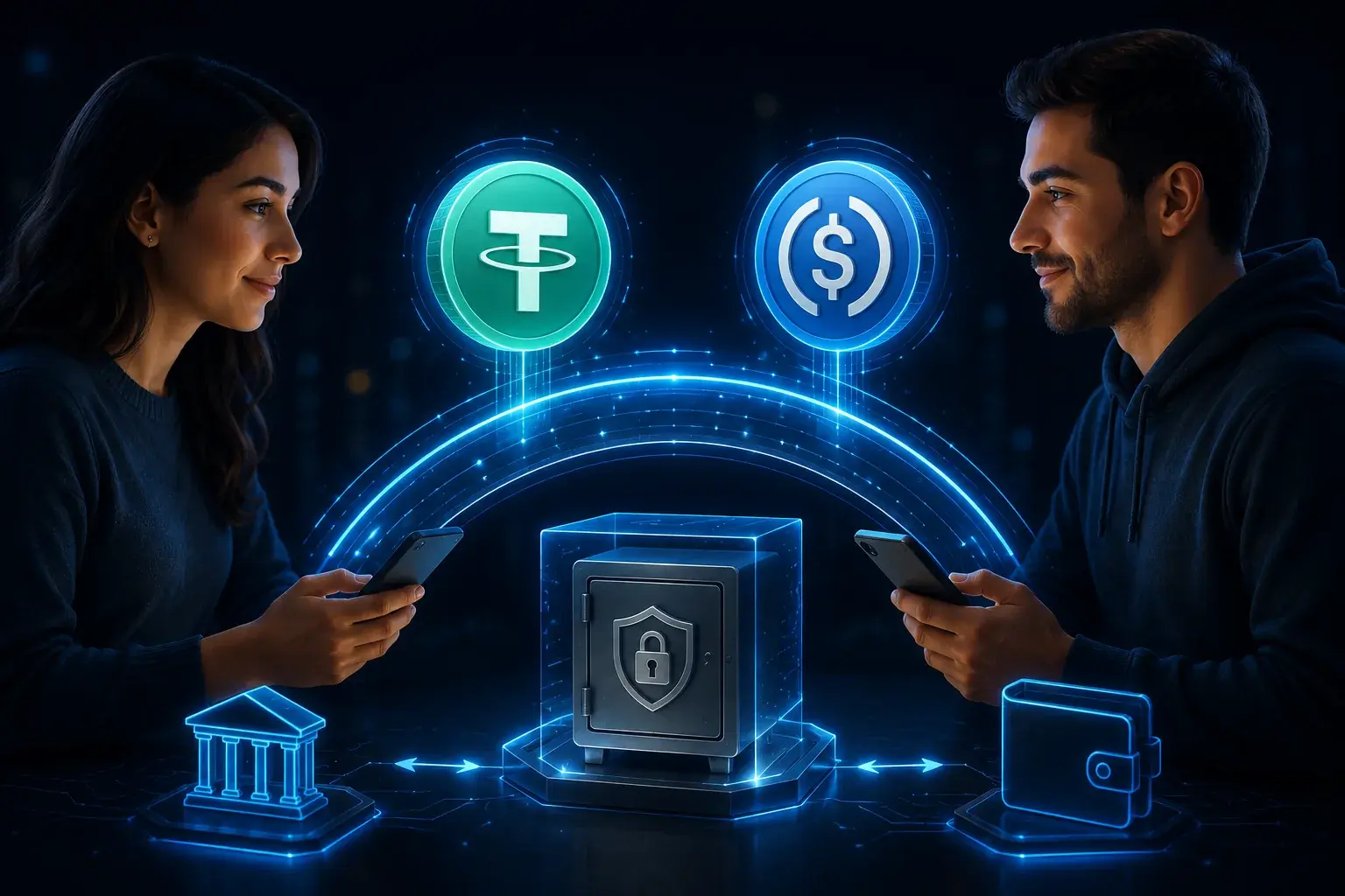     Dos personas realizan un intercambio P2P de USDT y USDC mediante una plataforma digital con sistema de custodia.